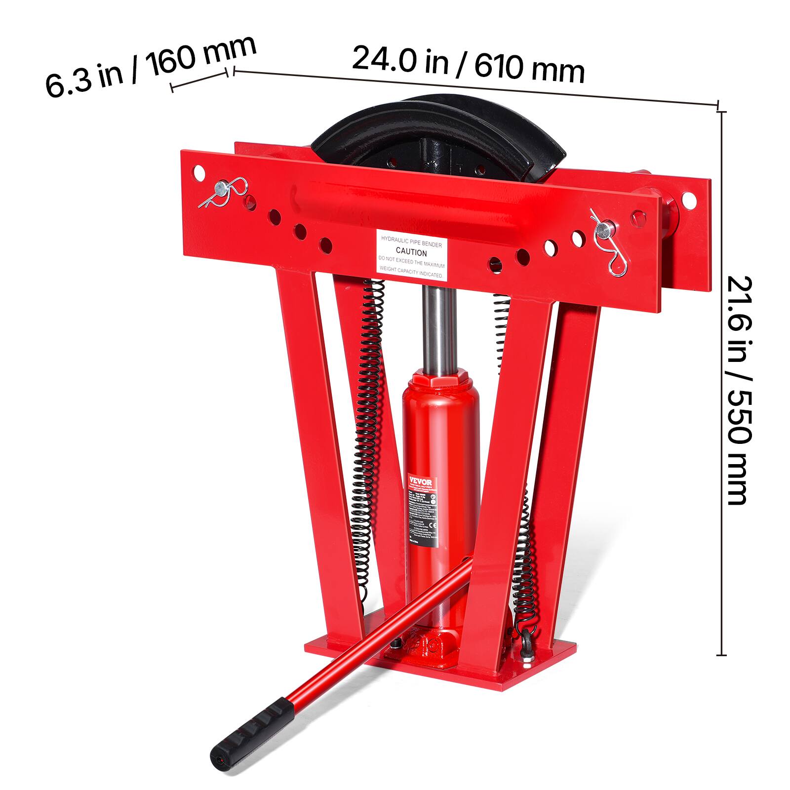 160 mm / 6.3 in  
24.0 in / 610 mm  
21.6 in / 550 mm  

CAUTION - RORAGLC PPE BENDER  

HYDRAULIC PIPE BENDER  
CAUTION  
CHECK THE MAXIMUM  
CAPACITY BEFORE USE  
AND FOLLOW THE  
MANUAL INSTRUCTIONS