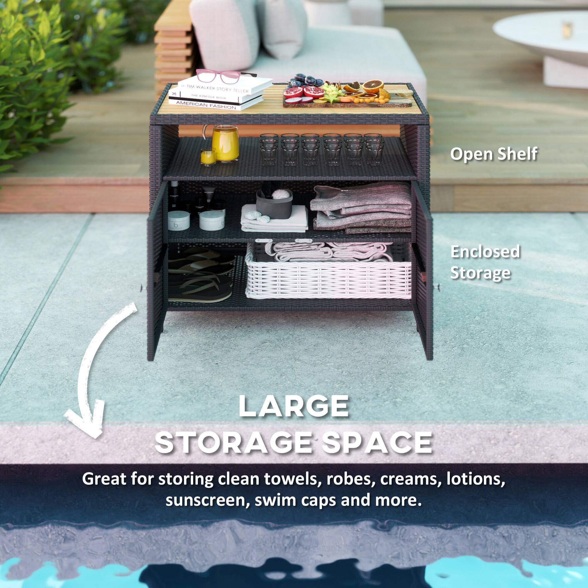 The text on the image can be grouped and corrected as follows:

**Open Shelf Enclosed Storage**

**LARGE STORAGE SPACE**

Great for storing clean towels, robes, creams, lotions, sunscreen, swim caps and more.