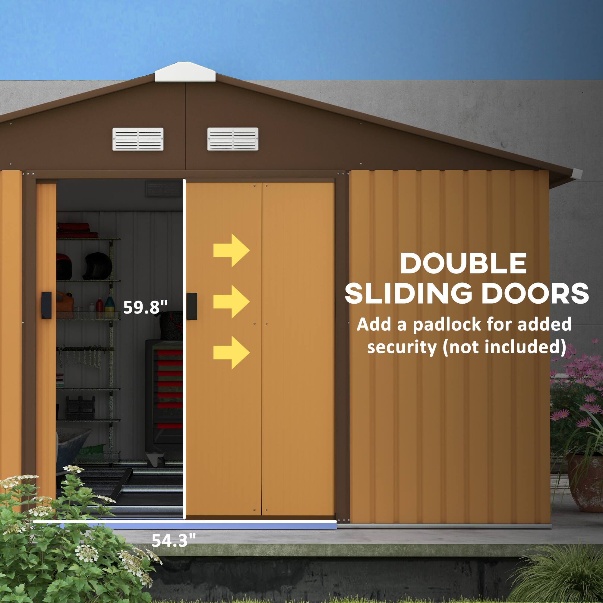 The text on the image reads: "59.8" DOUBLE SLIDING DOORS Add a padlock for added security (not included) 54.3".