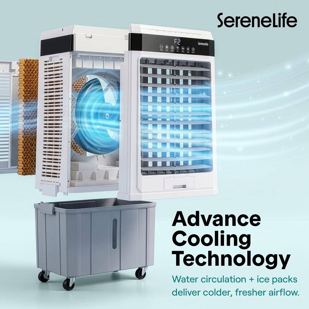 F2 + . SereneLife SereneLife Advance Cooling Technology Water circulation + ice packs deliver colder, fresher airflow.