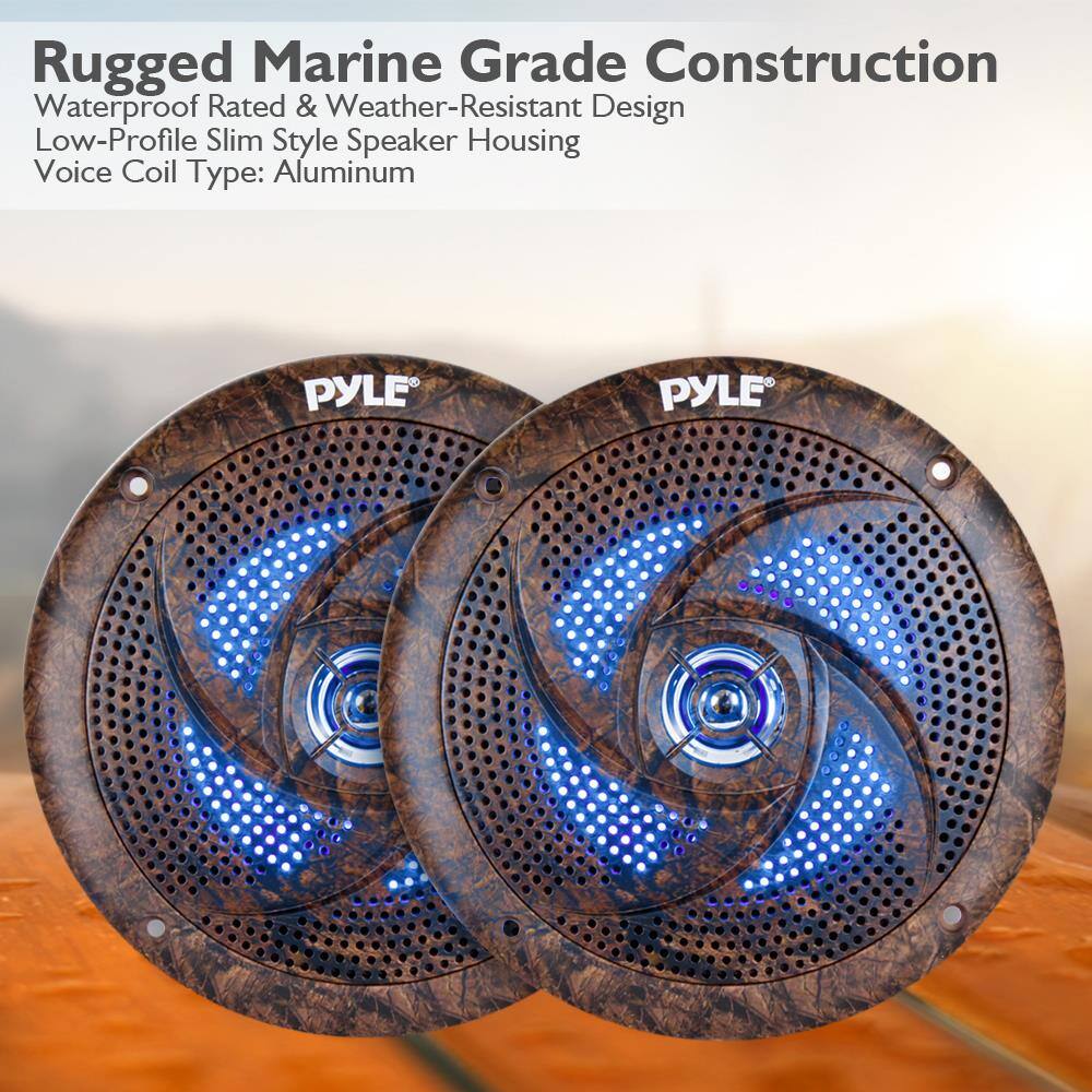 Rugged Marine Grade Construction  
Waterproof Rated & Weather-Resistant Design  
Low-Profile Slim Style Speaker Housing  
Voice Coil Type: Aluminum  

PYLE  
PYLE
