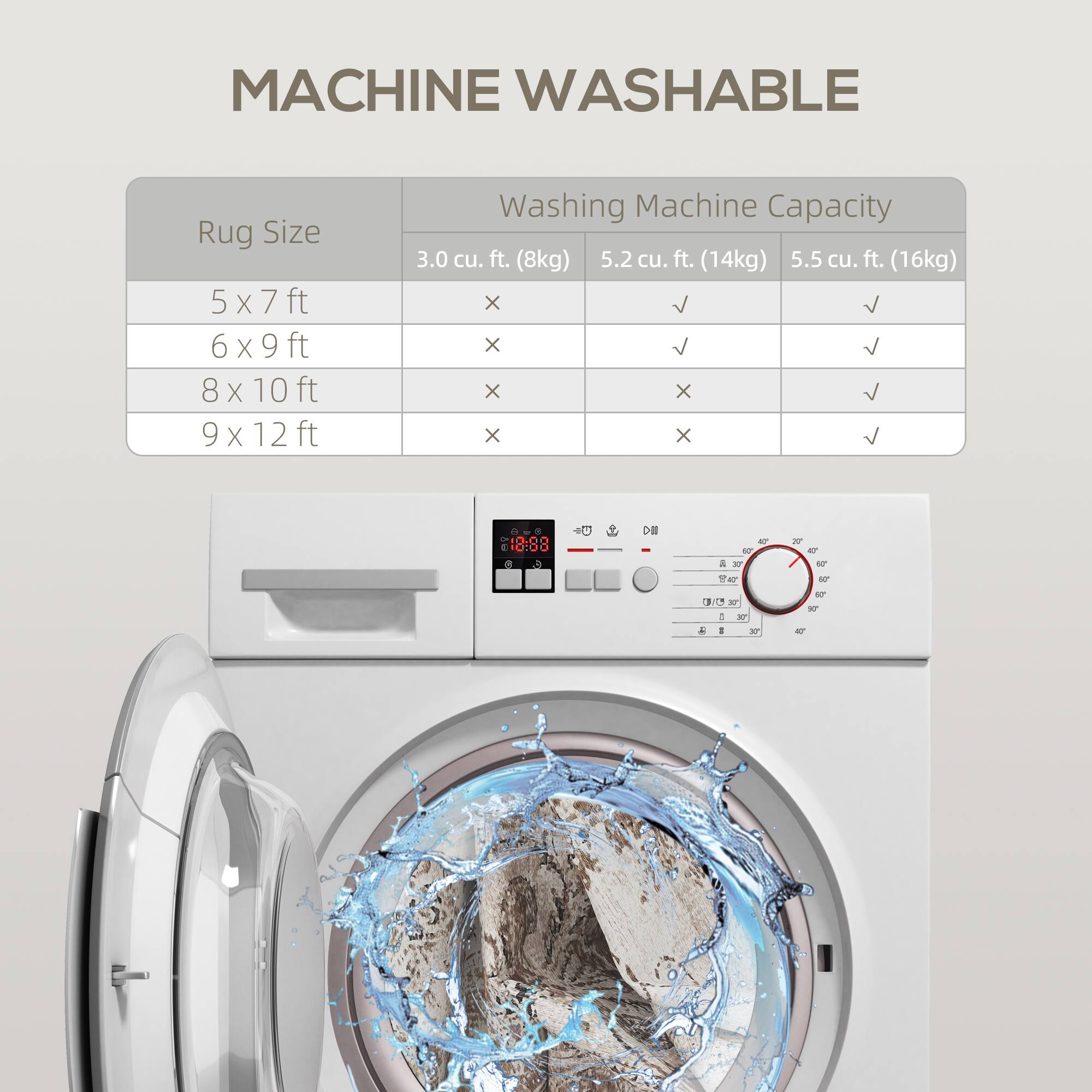 MACHINE WASHABLE
Rug Size
5 x 7 ft
6x9ft
8x10ft
9x12ft
Washing Machine Capacity
3.0 cu. ft. (8kg)
5.2 cu. ft. (14kg)
5.5 cu. ft. (16kg)