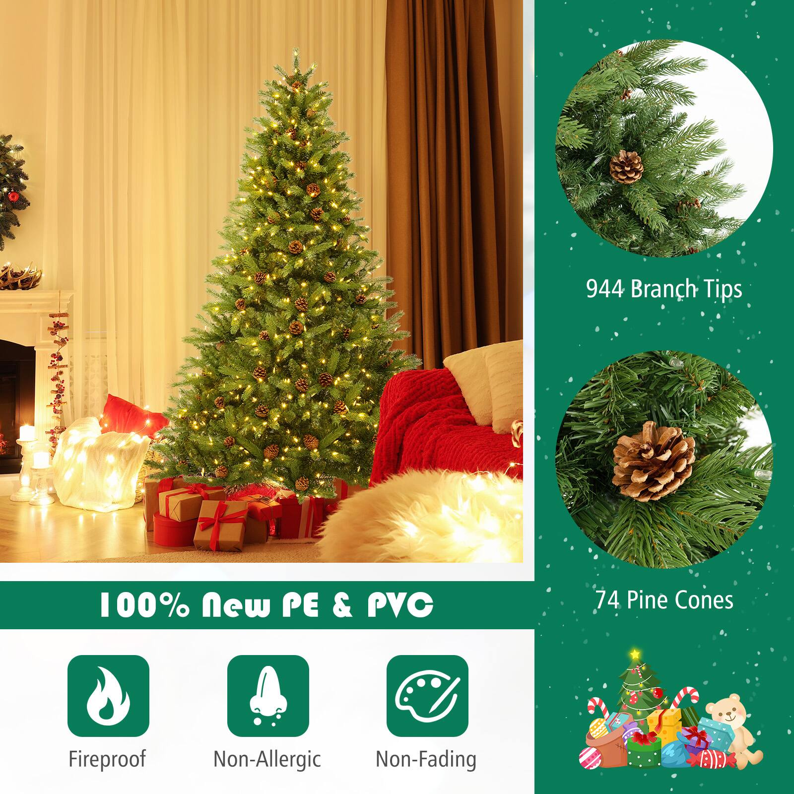 The text on the image is grouped as follows:
1. "944 Branch Tips"
2. "100% New PE & PVC"
3. "74 Pine Cones"
4. "Fireproof"
5. "Non-Allergic"
6. "Non-Fading"
