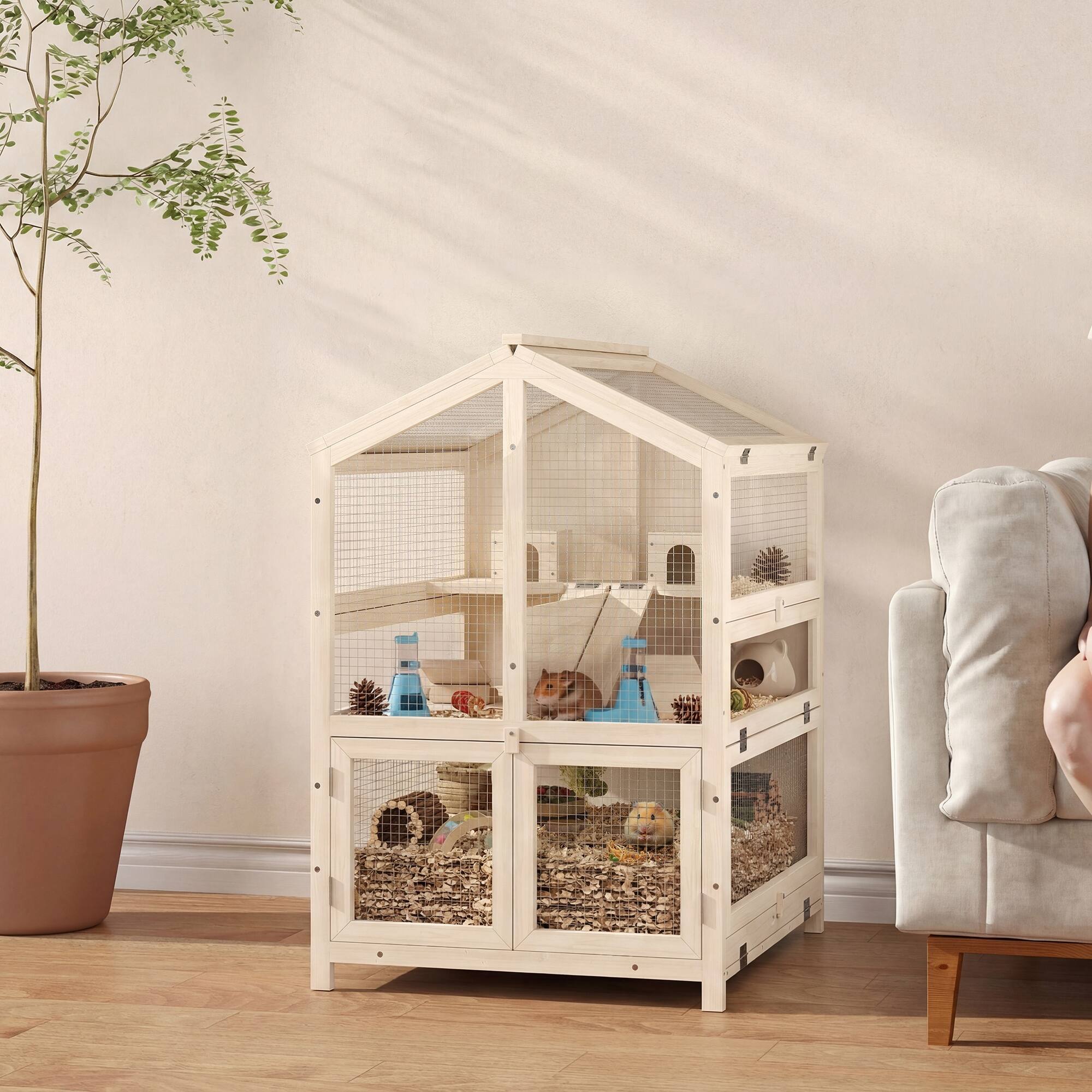 Alt View 1. Pawhut - Hamster Cage, Large 3 Tier Hamster Cage w/ Pull-Out Tray, Openable Top, Hut, Seesaws - Natural, Black, Clear.