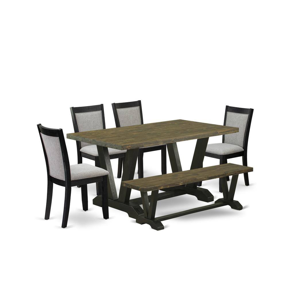 Alt View 4. East West Furniture - V676MZ606-6 6 Pc Dining Table Set - Distressed Jacobean Dinner Table with a Bench and 4 Shitake Chairs - Wire Brushed - Multi-Color.