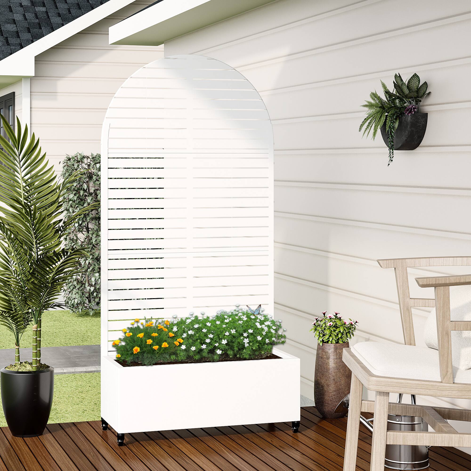 Alt View 2. PexFix - 72 in. H x 35 in. W Louvered Pattern Arch Metal Planter Box Raised Garden Beds with Trellis-Ideal for Balcony - White.