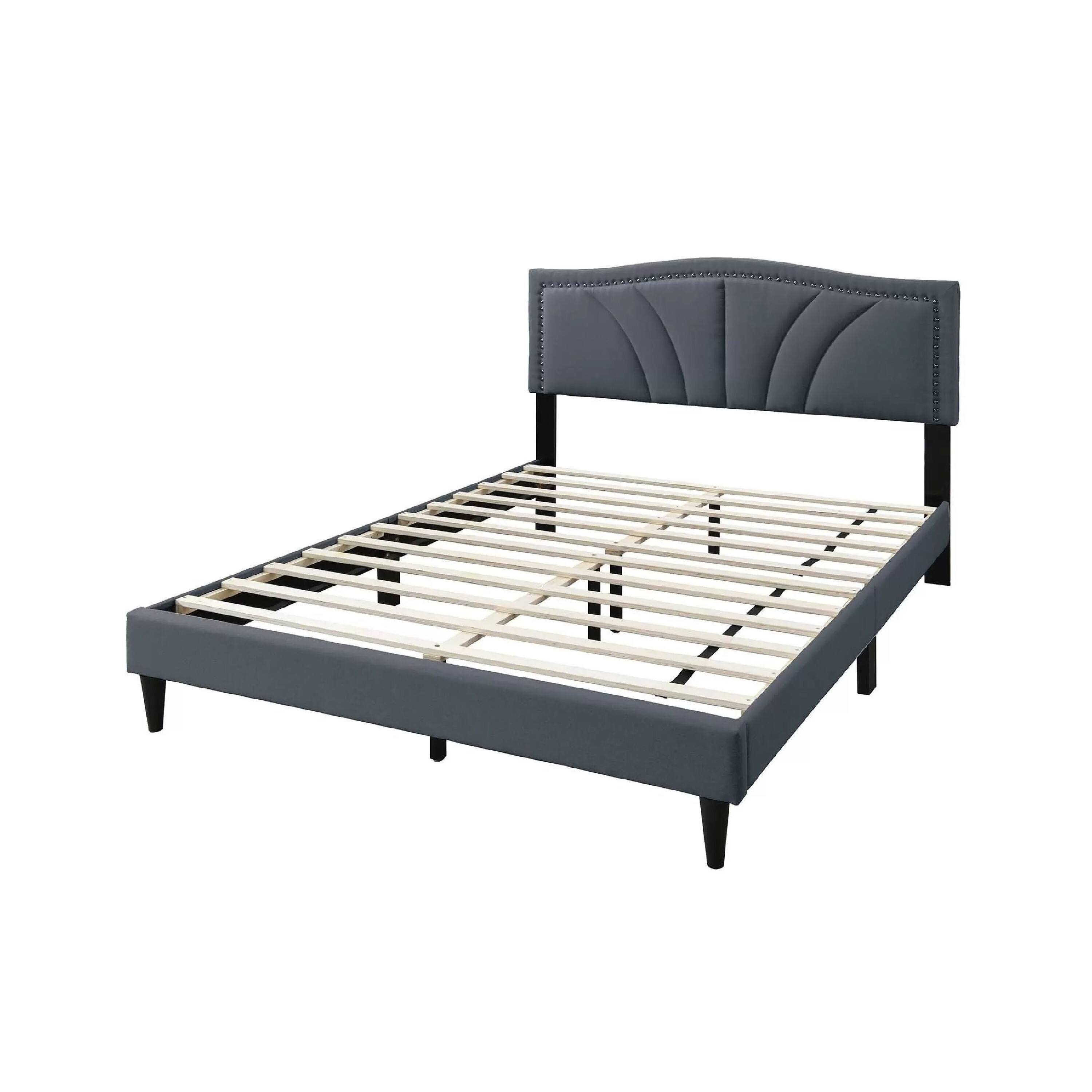 Angle. Manhattan Lane - Carie Full Bed, Charcoal Gray Burlap Upholstery, Padded Headboard - Charcoal Gray, Black.