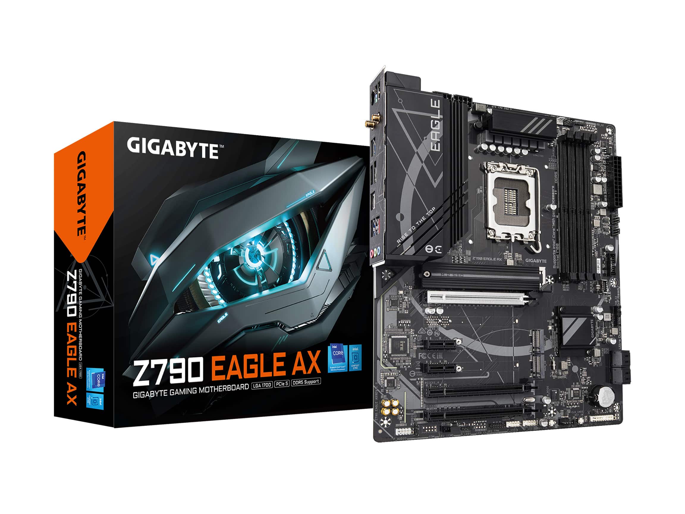 The image features a Gigabyte motherboard and a box of the same brand. The motherboard is displayed prominently, with the box placed next to it. The box is open, revealing the motherboard inside. The combination of the motherboard and the box suggests that the product is new and ready for use.