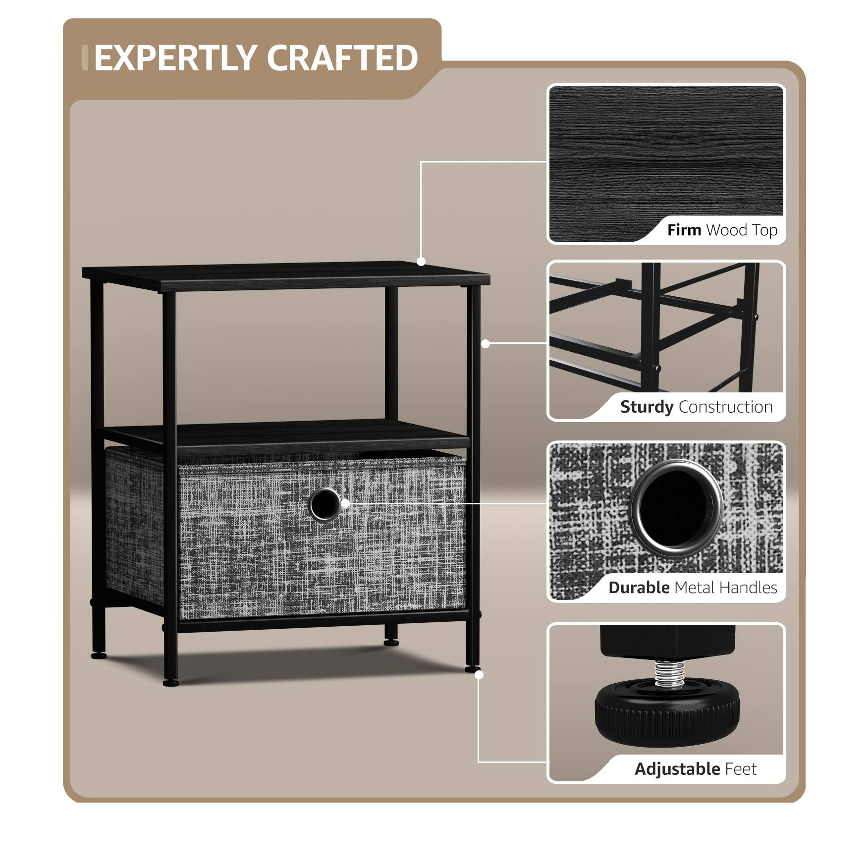 EXPERTLY CRAFTED

- Firm Wood Top
- Sturdy Construction
- Durable Metal Handles
- Adjustable Feet