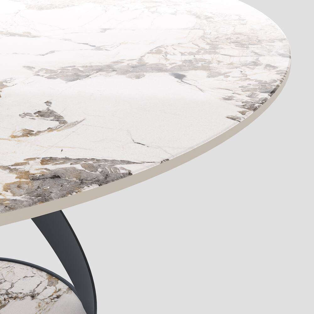 Alt View 1. POVISON - 51" Modern Round Dining Table for 4 with Lazy Susan, Pandora Glossy Sintered Stone Tabletop, Bronze X Carbon Steel Base - Pandora Glossy Sintered Stone with Bronze.