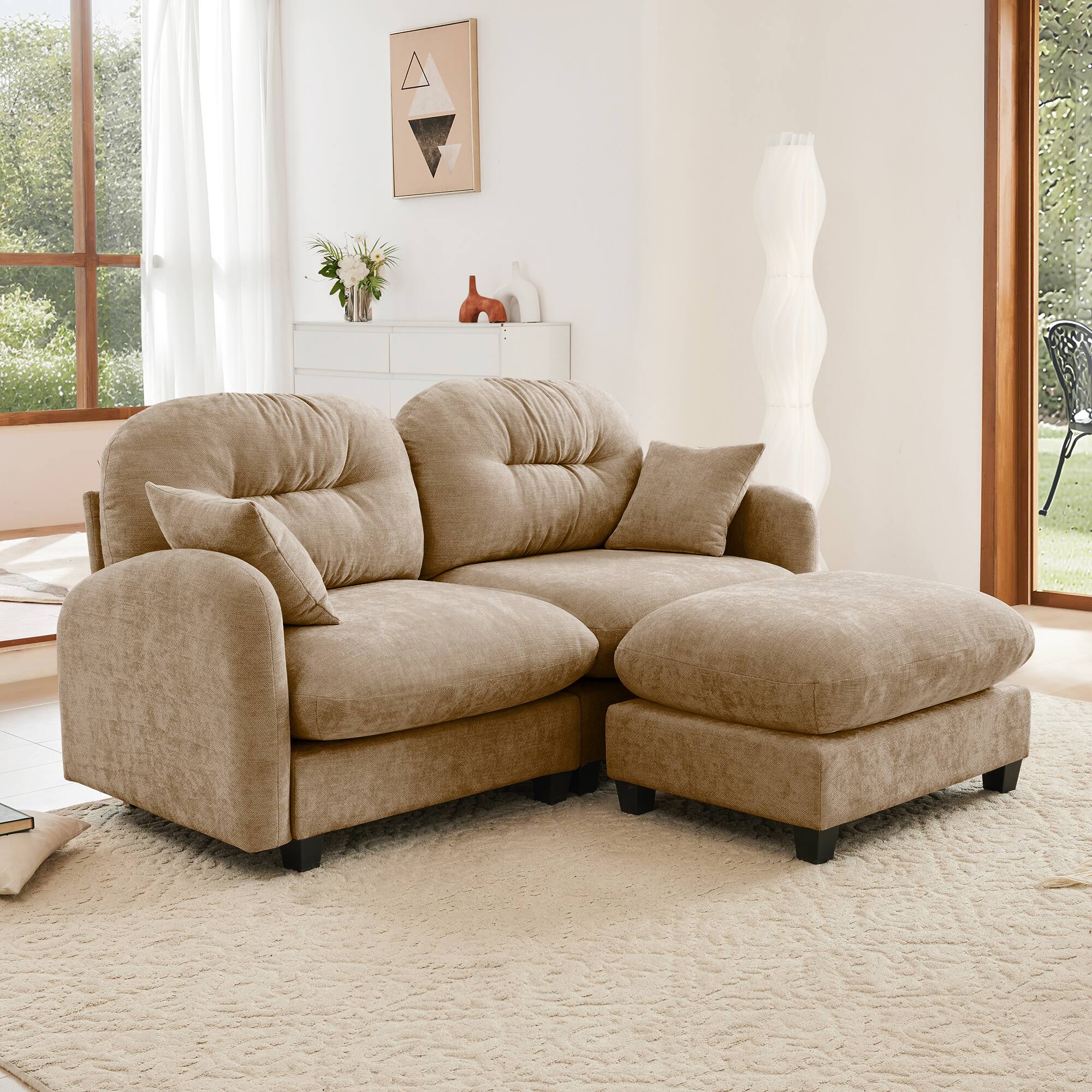 Angle. LOVMOR - Chenille Sectional Couch L Shaped Storage Ottoman Compressed Pack Tufted For Living Room Bedroom Apartment Den - Camel.
