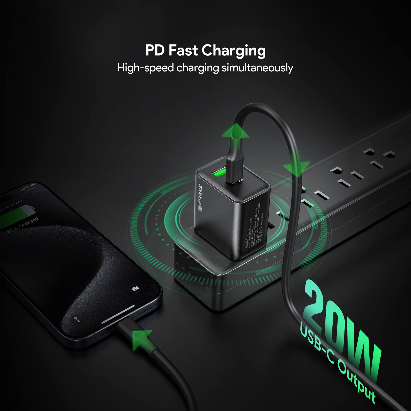 PD Fast Charging  
High-speed charging simultaneously  

Charged 5  

20W USB-C Output