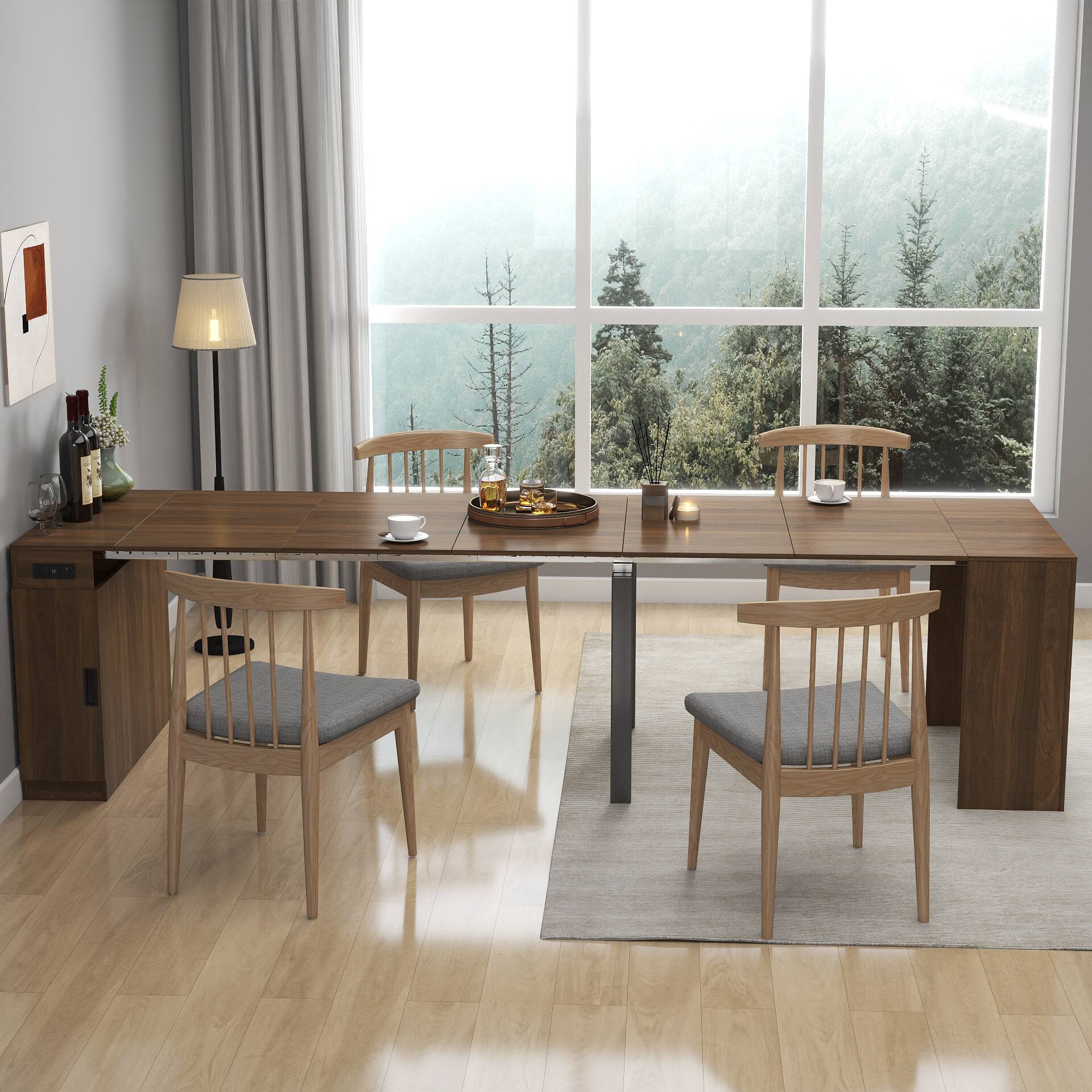 Angle. Tiramisubest - Modern Multifunctional Extendable Dining Table with Outlet, Space Saving Expanding Table with Storage, Walnut - Walnut.
