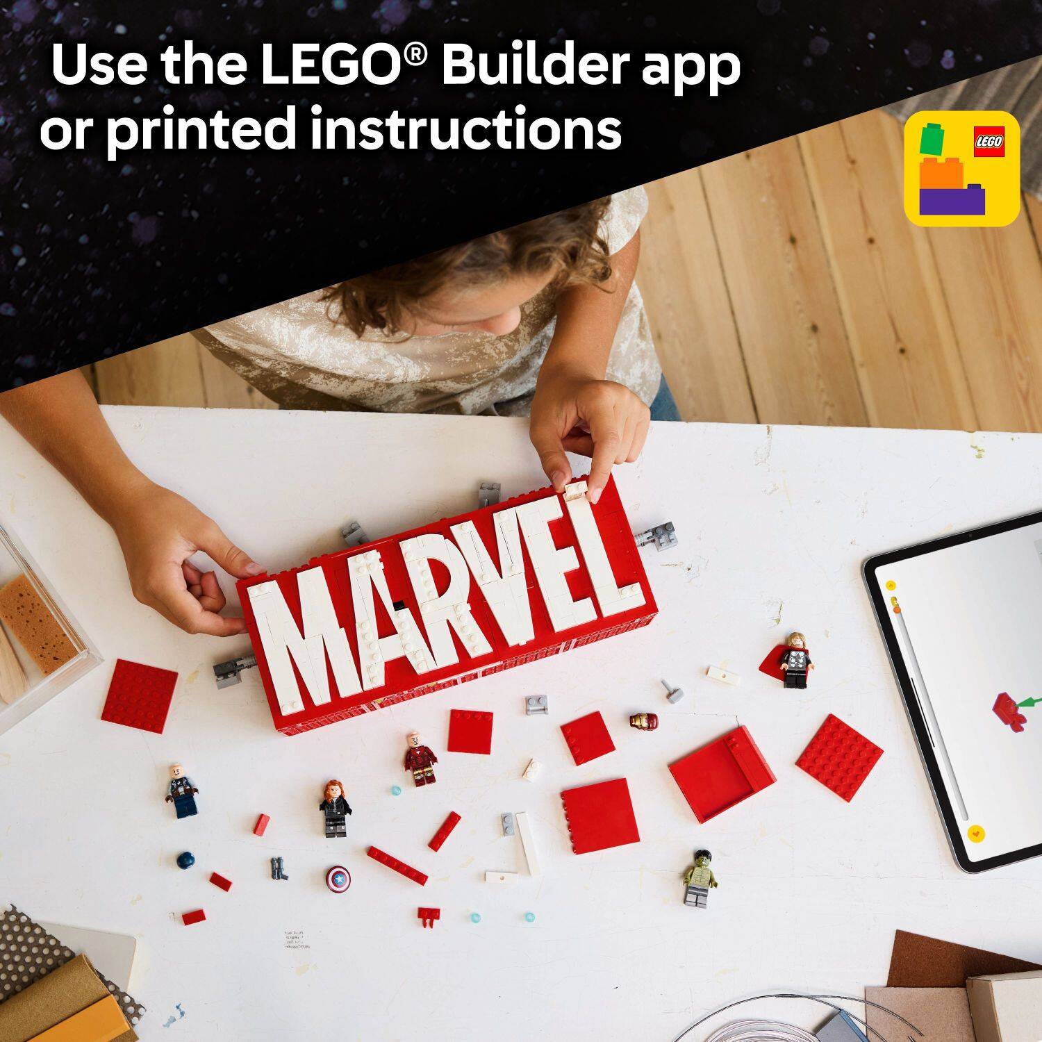 Use the LEGO Builder app or printed instructions to build LEGO Marvel.