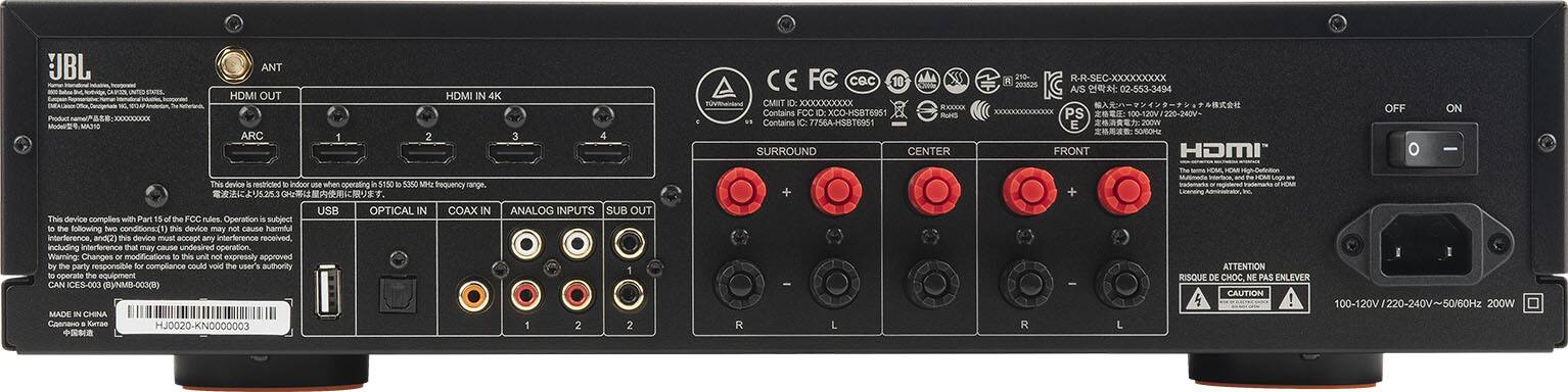 The text on the image is grouped and corrected as follows:

1. JBL ANT a -als HDM OUT HDM IN 4K Podul Mtr ARC  2 3 4
2. This device is restricted to indoor use when operating.
3. Frequency range: 0-5150 Hz.
4. USB OPTICAL IN COAX IN ANALOG INPUTS SUn OUT
5. This device complies with Pat 1 of the FCC rules.
6. Changes or modifications not expressly approved by the party responsible for compliance could void the user's authority to operate the equipment.
7. Made in China.
8. Model HJ0020-KN0000003.
9. Contains IC: 7756A-H5816951.
10. Surround Center R L 210 R-R-SEC-30000000O.
11. 2M A/S 02-553 SM OFF ON PS  E 200W.
12. Short circuit protection front HDMI.
13. Attention: RISQUE DE CHOC NE PAS ENLEVER.
14. Caution!
15. 100-120V/220-240V-50/60Hz.
16. 100-1.
