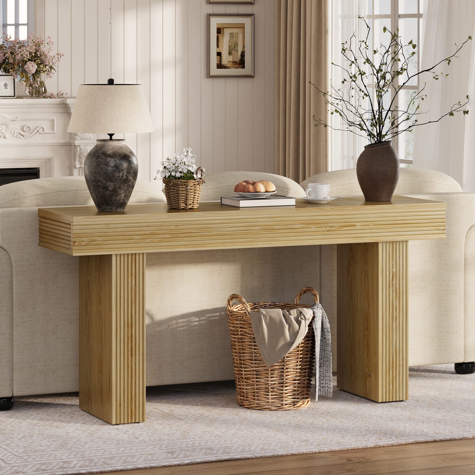 Bestier - 63 Inch Fluted Console Table, Rustic Wood Entryway Sofa Table - Natual Oak