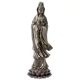 Pacific Trading - Kuan Yin Buddhist Bodhisattva of Compassion Guan Yin Standing on Lotus Statue 16.25 inch - Bronze