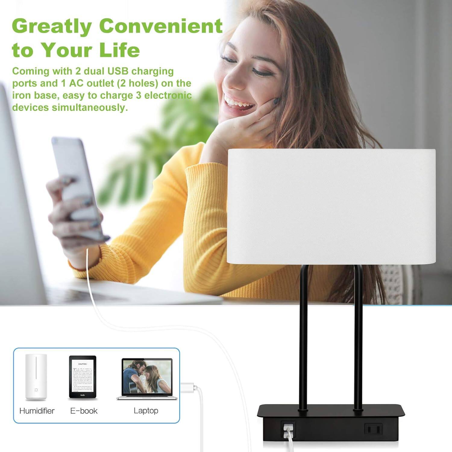 Greatly Convenient to Your Life

Coming with 2 dual USB charging ports and 1 AC outlet (2 holes) on the iron base, easy to charge 3 electronic devices simultaneously.

Humidifier | E-book | Laptop