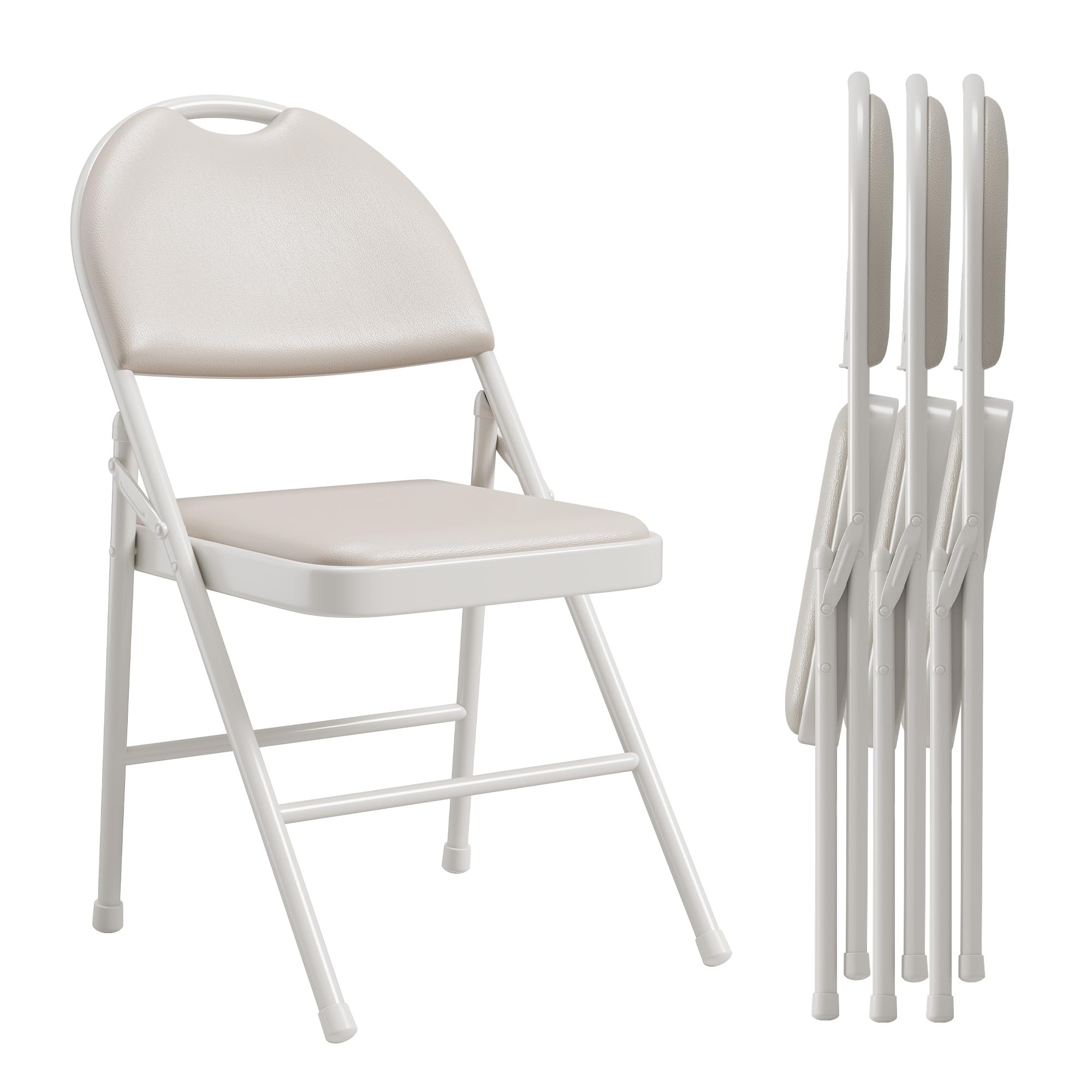 Back. Jojoka - Folding Chair 4 Pack with Thickened Padded PU Cushion, Portable Stackable Commercial Seat - Beige.