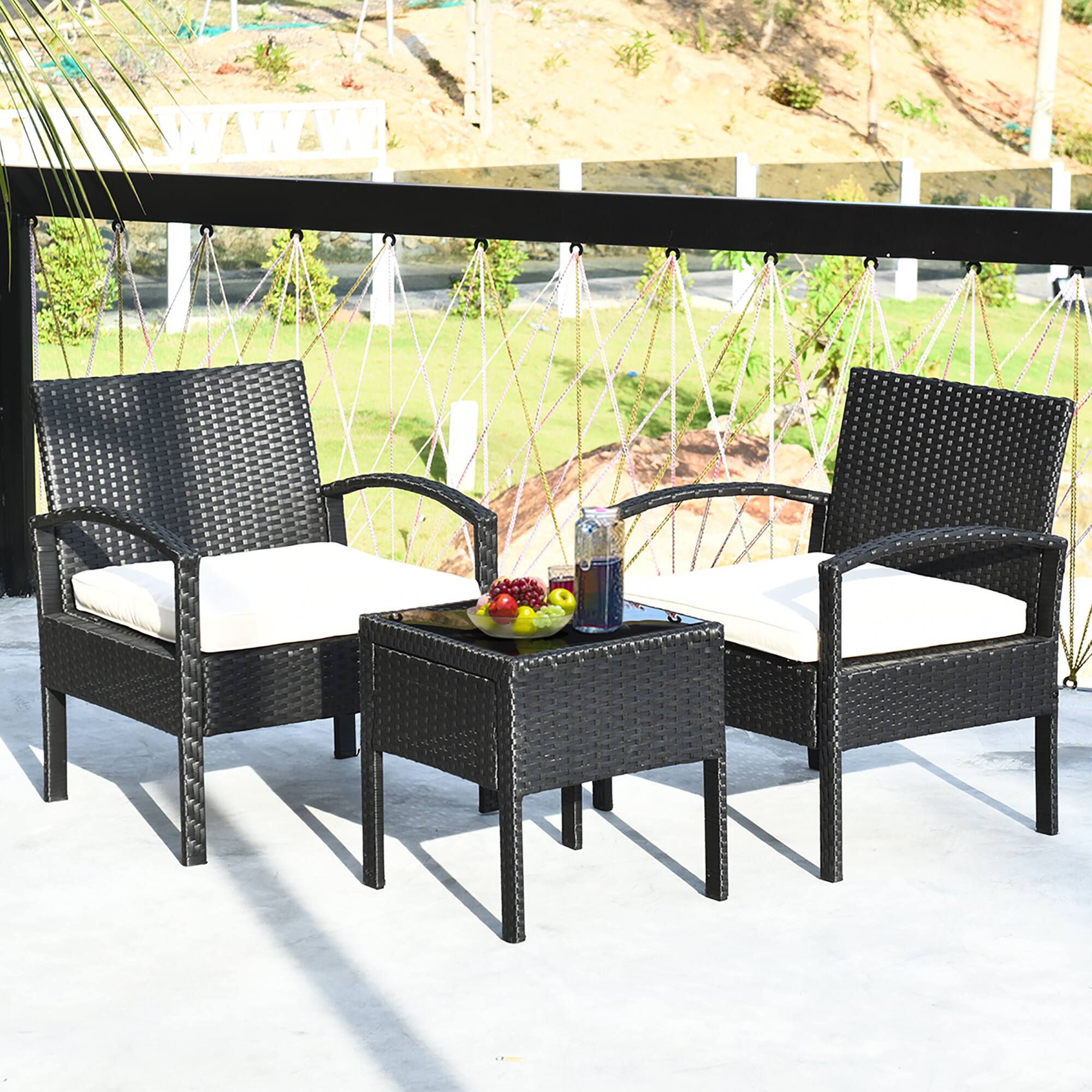 Alt View 5. Costway - Costway 3PCS Patio Rattan Furniture Set Coffee Table & Chairs Set with Seat Cushions Garden - White.