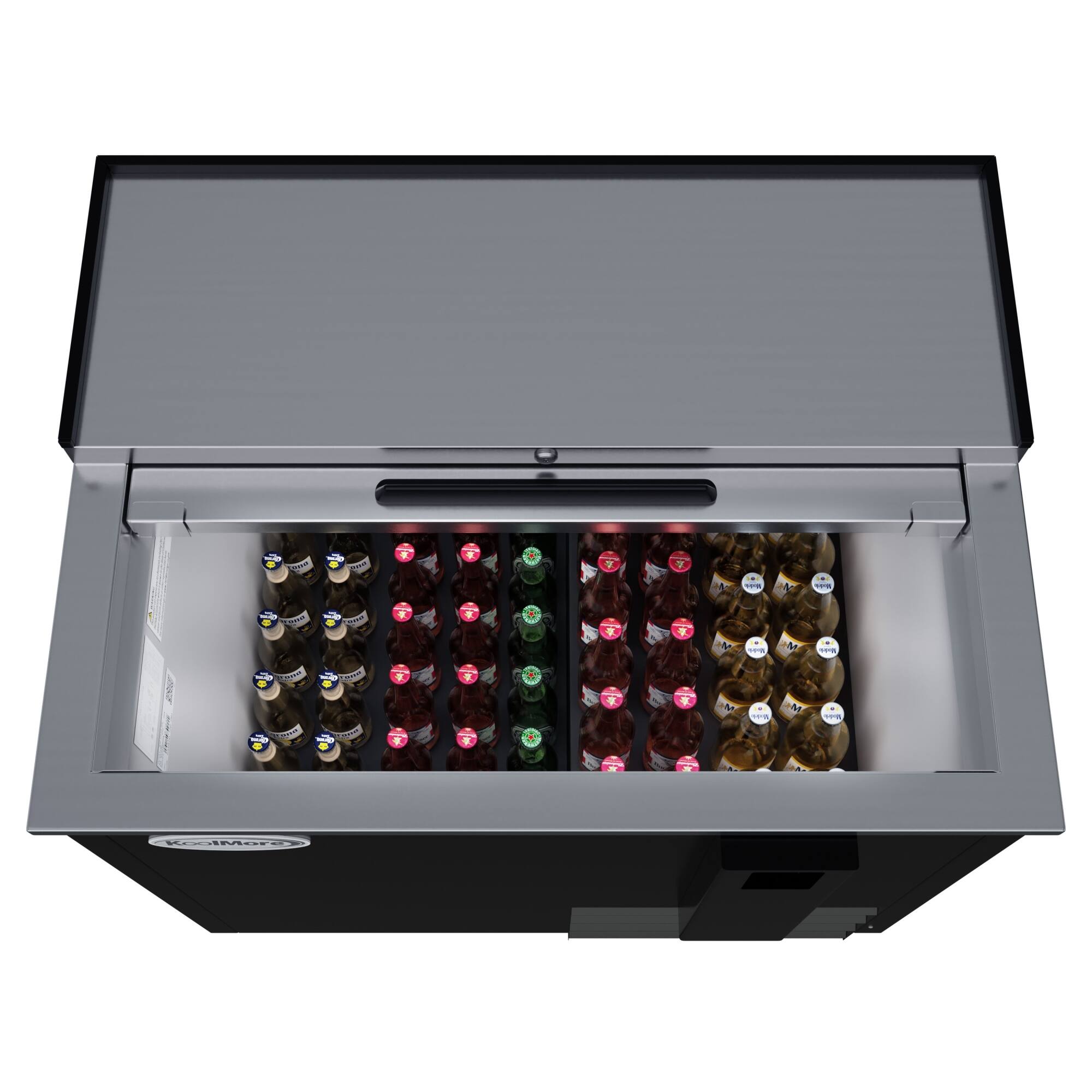 Angle. Koolmore - 36 in. Commercial Bottle Cooler in Black with Built-In Opener, ETL Listed, 9 cu. ft. (KM-BOC36-BK) - Black painted steel.