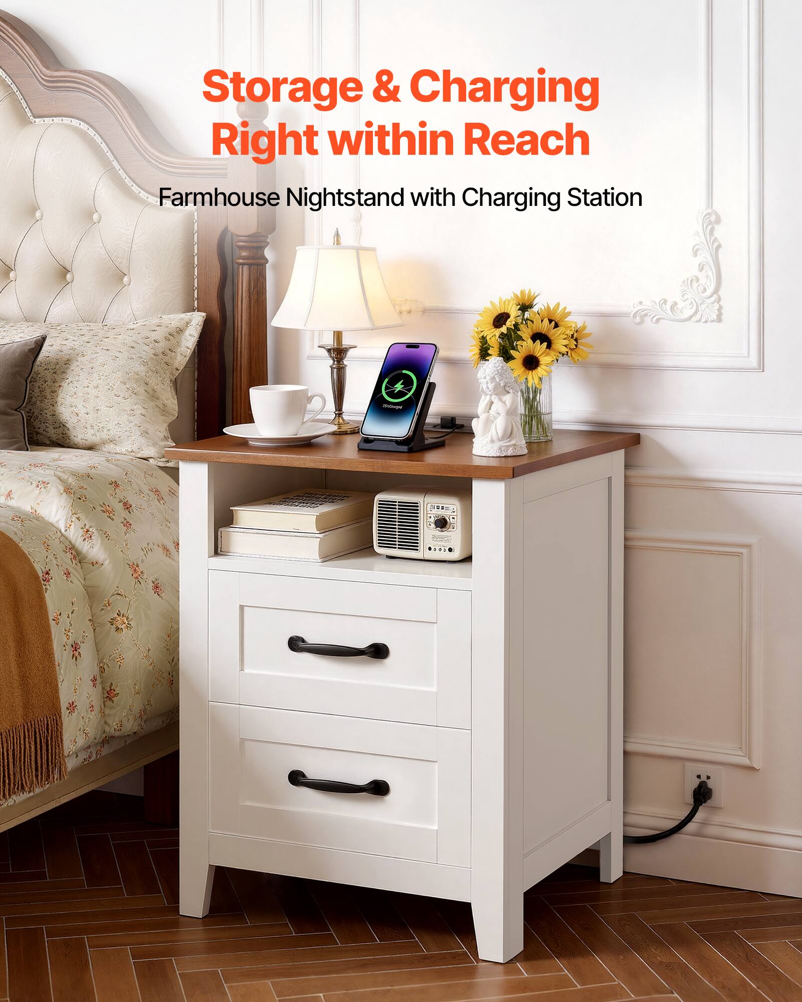 Storage & Charging Right within Reach  
Farmhouse Nightstand with Charging Station