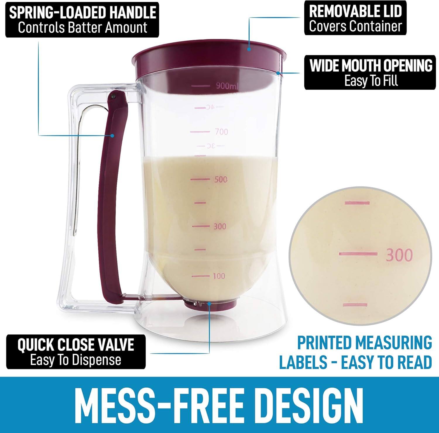 - SPRING-LOADED HANDLE Controls Batter Amount
- REMOVABLE LID Covers Container
- WIDE MOUTH OPENING Easy To Fill
- QUICK CLOSE VALVE Easy To Dispense
- PRINTED MEASURING LABELS - EASY TO READ
- MESS-FREE DESIGN