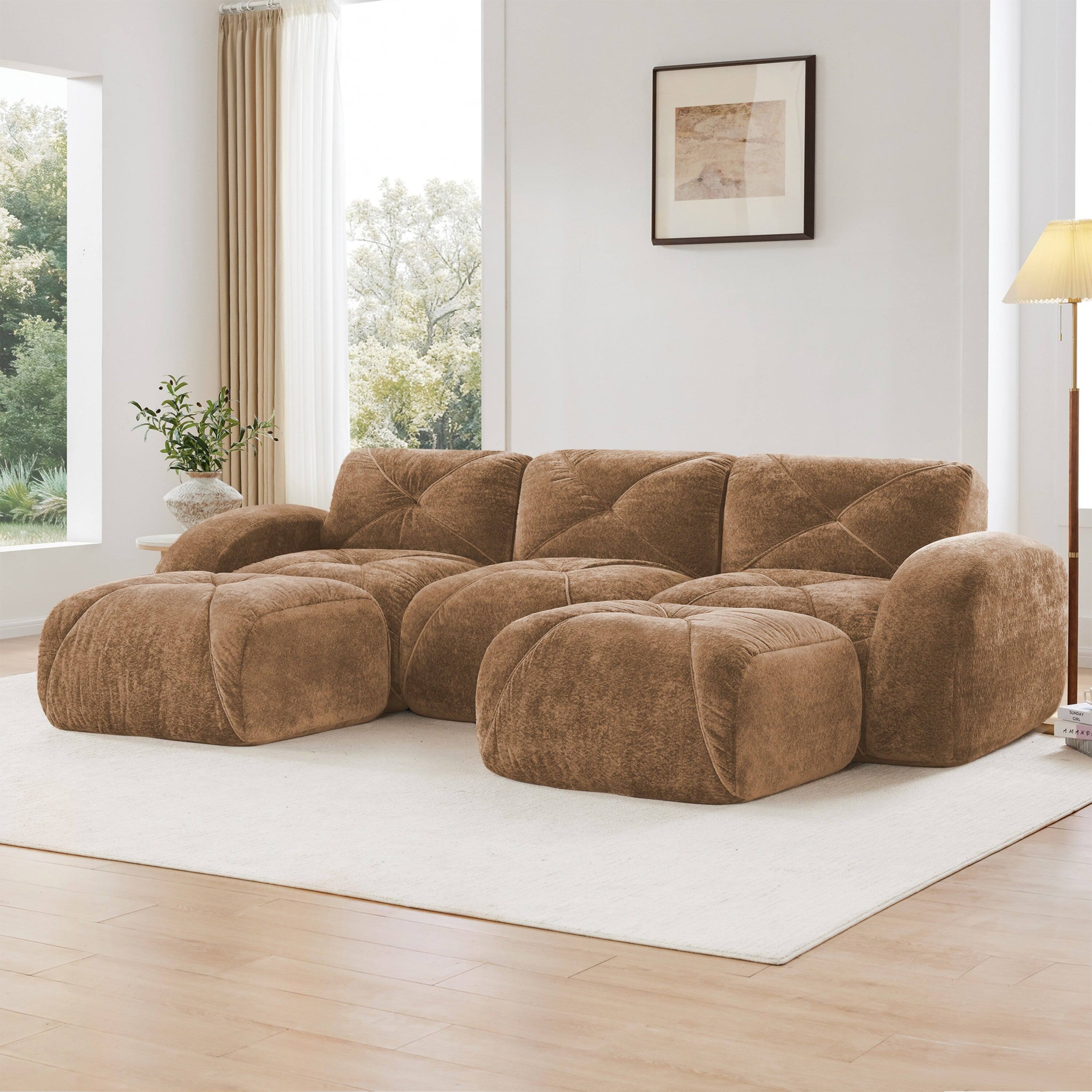 Alt View 2. Boyel Living - U Shaped Velvet Tufted Sofa Movable Ottomans 32D High Density Sponge Anti Slip Free Combo Study Theater Camel - Camel.