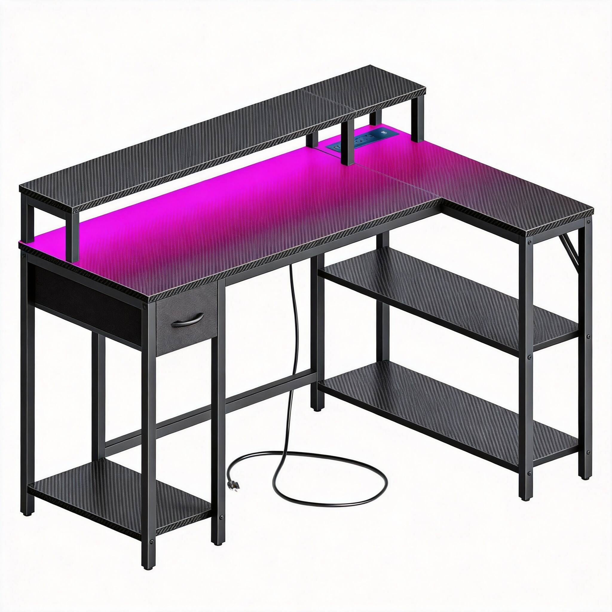 CovertSafe- 53" L Shaped Gaming Desk LED Power Outlets Reversible Shelves Monitor Stand Drawer- Black 53in L desk reversible