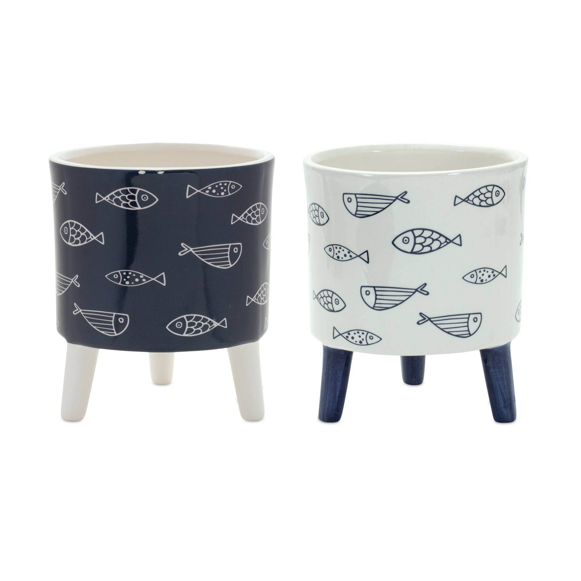 Angle. BreeBe - Coastal Fish Pattern Planter with Legs (Set of 12) - Blue, White.