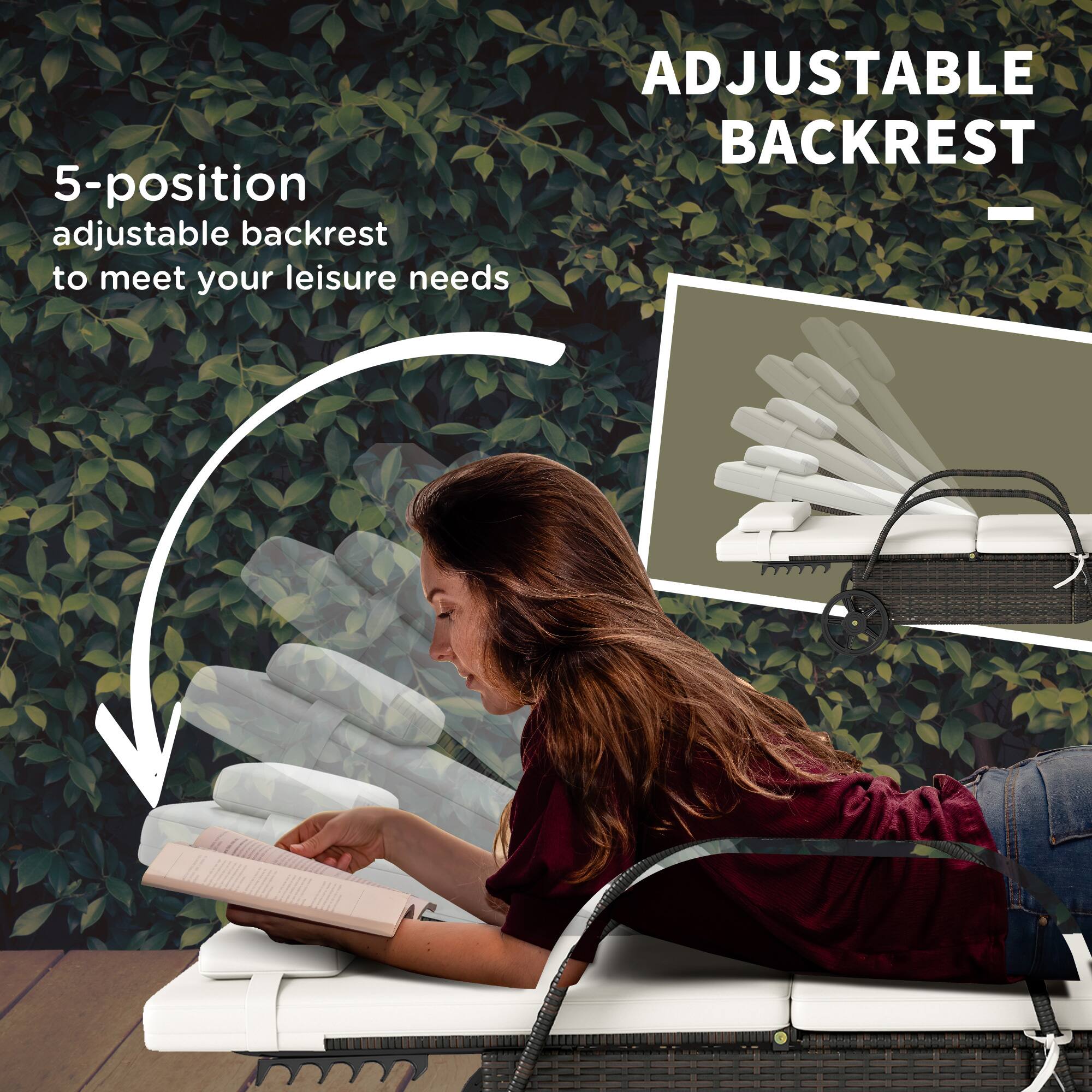 ADJUSTABLE BACKREST

5-position adjustable backrest to meet your leisure needs