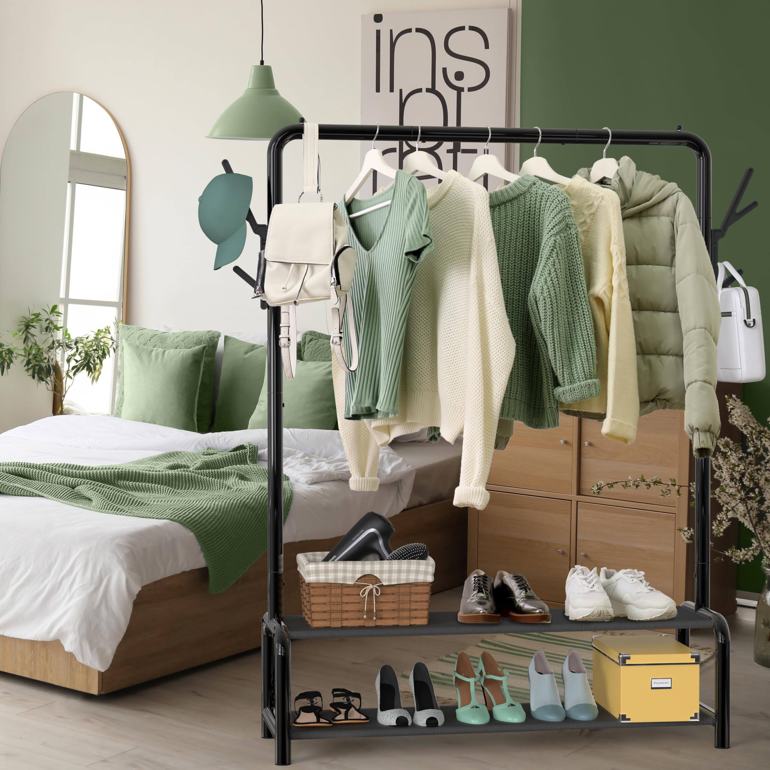 Alt View 1. Hirose Alice - Simple Houseware -Inch Freestanding Closet Garment Rack with Storage Shelves and Coat Hat Black - Black.