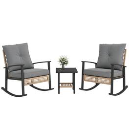 Outsunny - Pieces Bistro Set, Patio Wicker Furniture Set with Button Tufted Cushions, Rattan Rocking Chairs - Gray