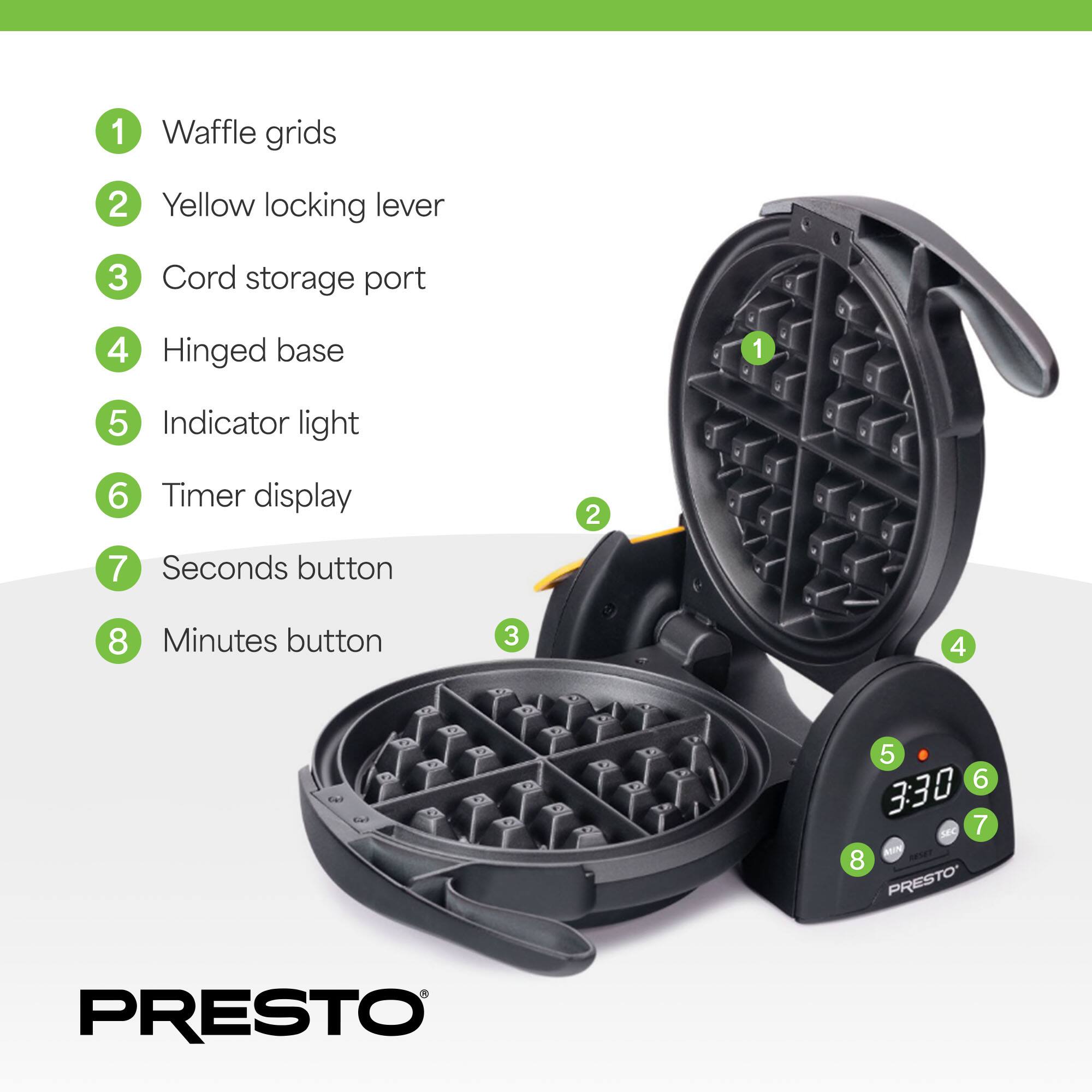 1. Waffle grids  
2. Yellow locking lever  
3. Cord storage port  
4. Hinged base  
5. Indicator light  
6. Timer display  
7. Seconds button  
8. Minutes button  

PRESTO®