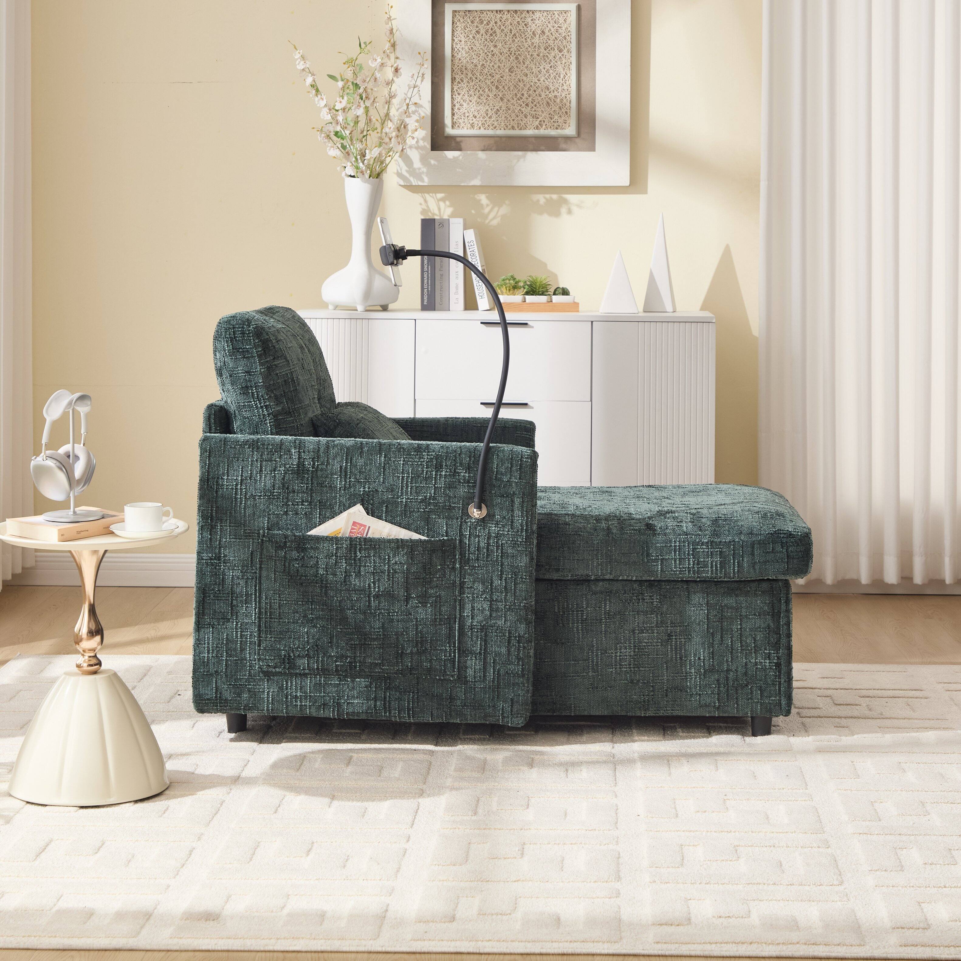Angle. Trinkets Crazed - Lazy Person Sofa Couch, Multifunctional Chenille Single Leisure Chair with Storage Backrest, Cell Phone Bracket - Emerald.