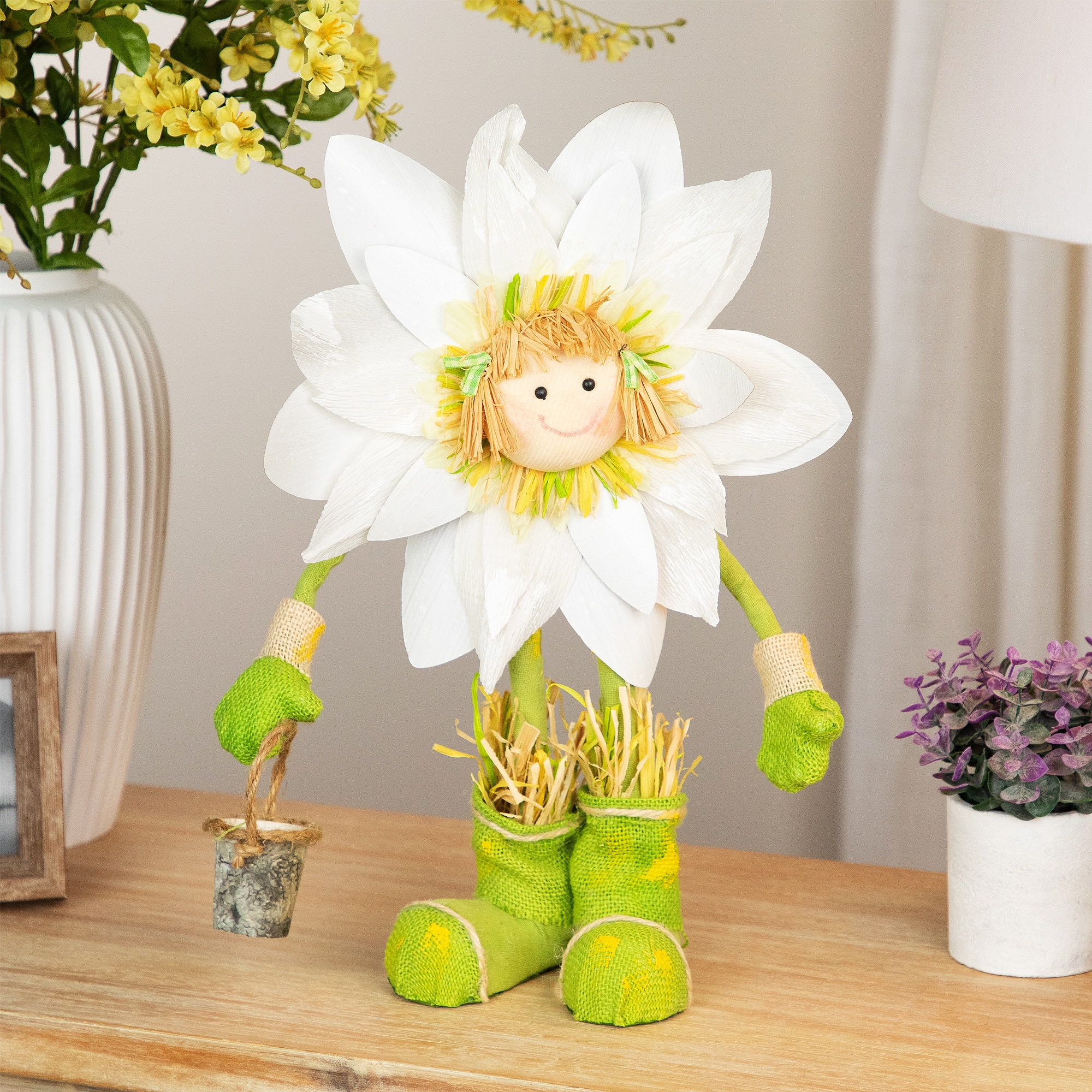 Northlight - Spring Floral Standing Sunflower Girl Decorative Figure - 17" - Green and Yellow - Pink