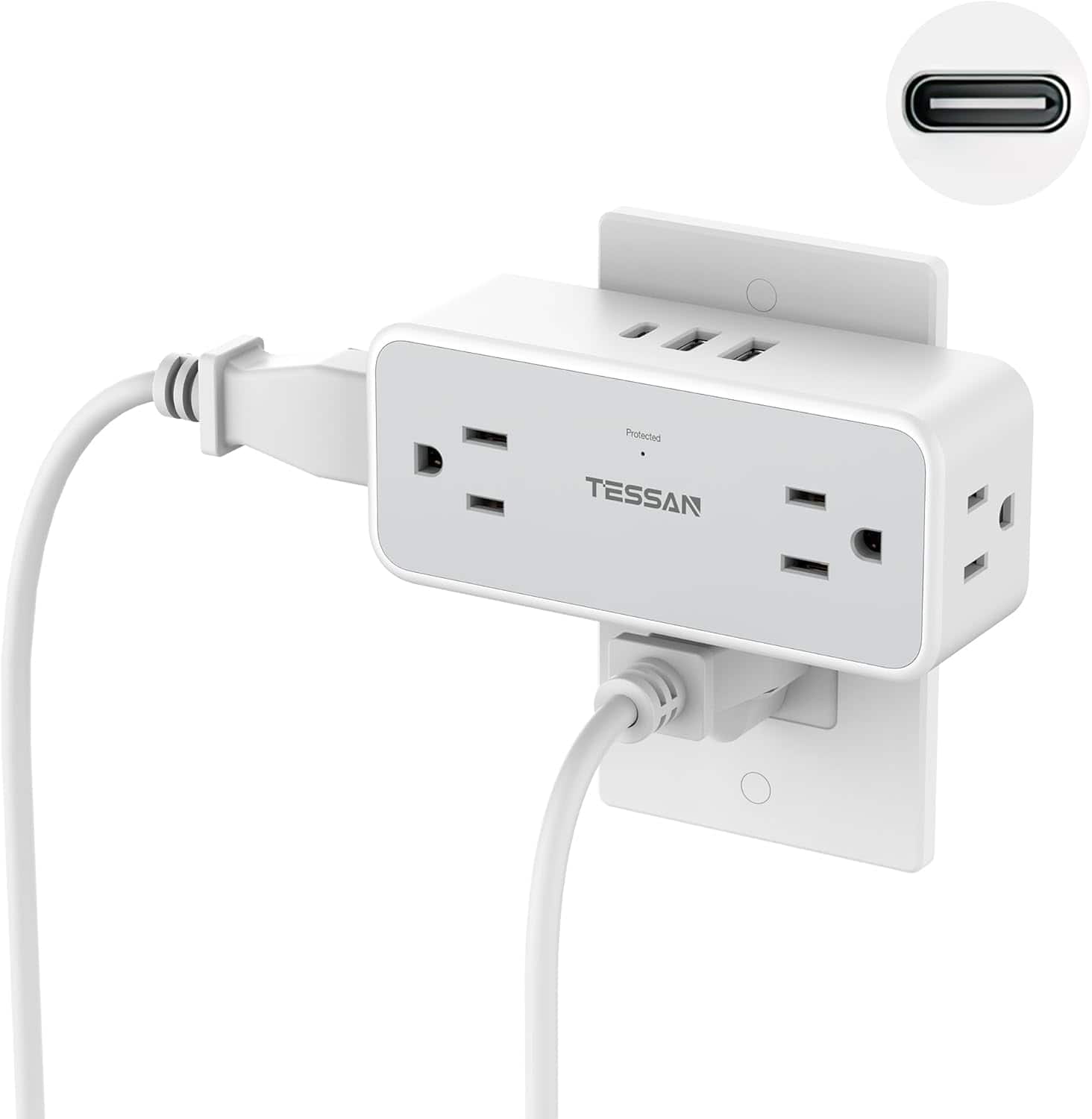 TESSAN - 900 Joule Surge Protector Outlet Extender with USB-C - Gray
