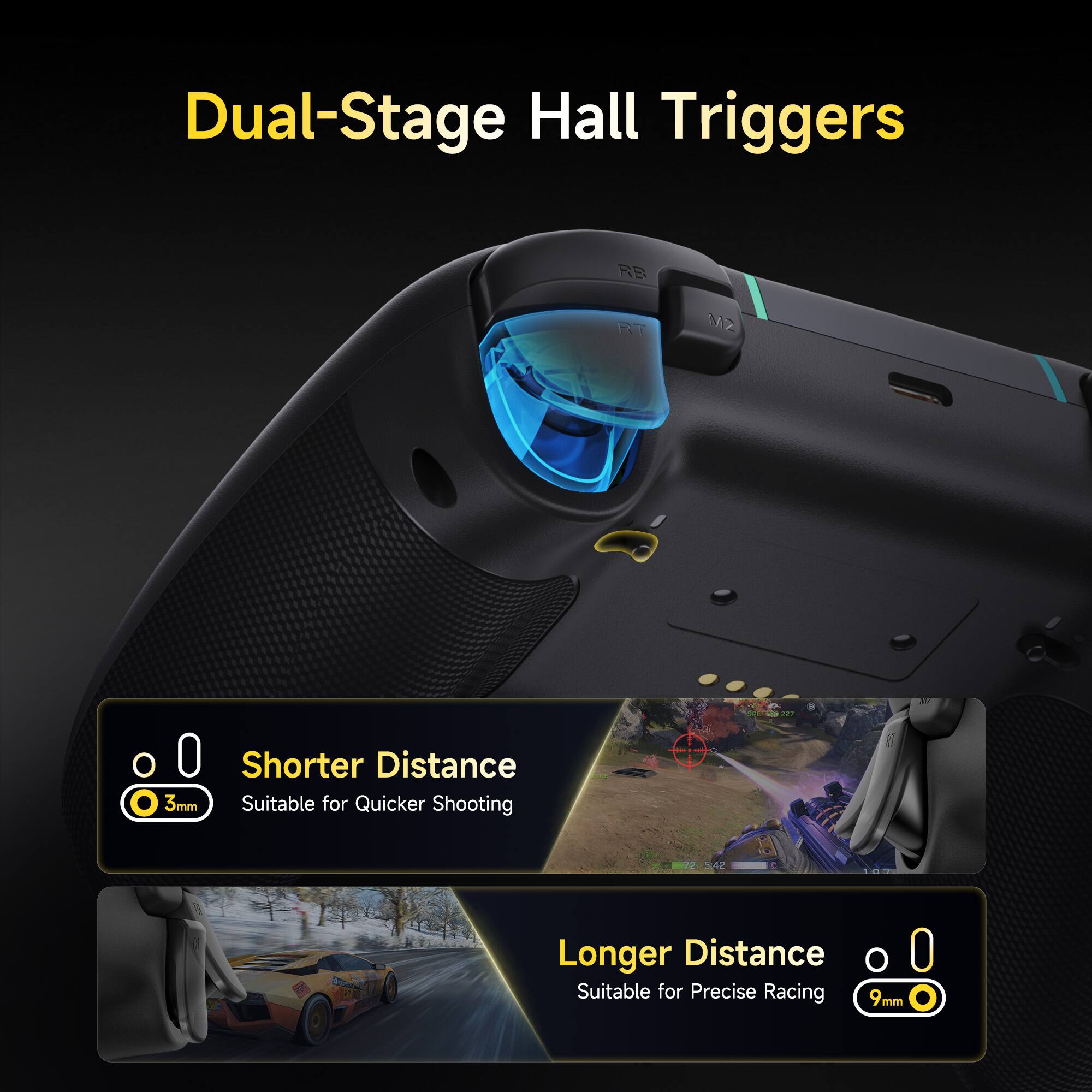 Dual-Stage Hall Triggers

Shorter Distance
3mm
Suitable for Quicker Shooting

Longer Distance
9mm
Suitable for Precise Racing