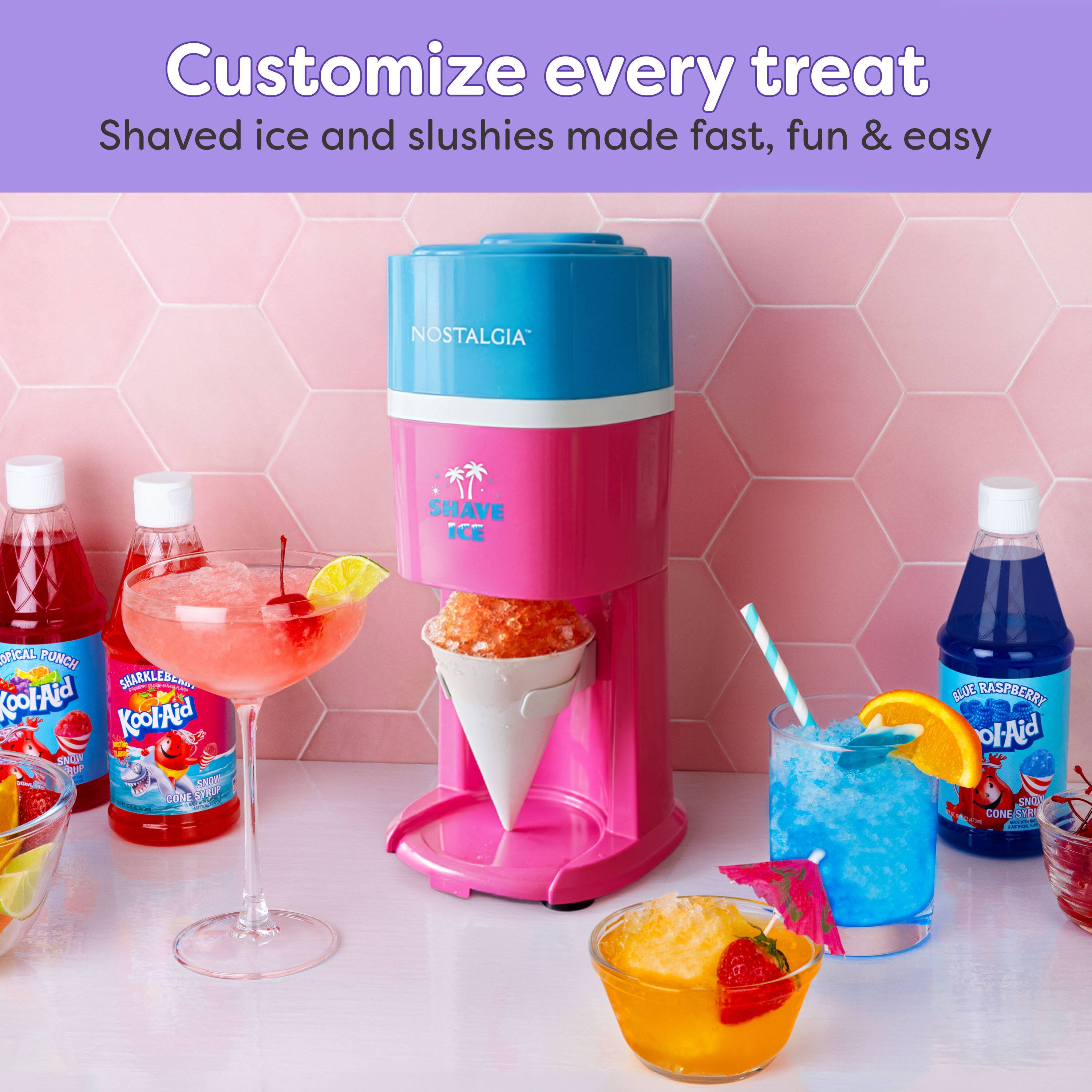 Customize every treat  
Shaved ice and slushies made fast, fun & easy  

NOSTALGIA SHAVE ICE  
TROPICAL PUNCH  
Kool-Aid  
SHAKLEBERG  
Kool-Aid  
SLOW CONE SYRUP  
BLUE RASPBERRY  
Kool-Aid  
SLOW CONE SYRUP