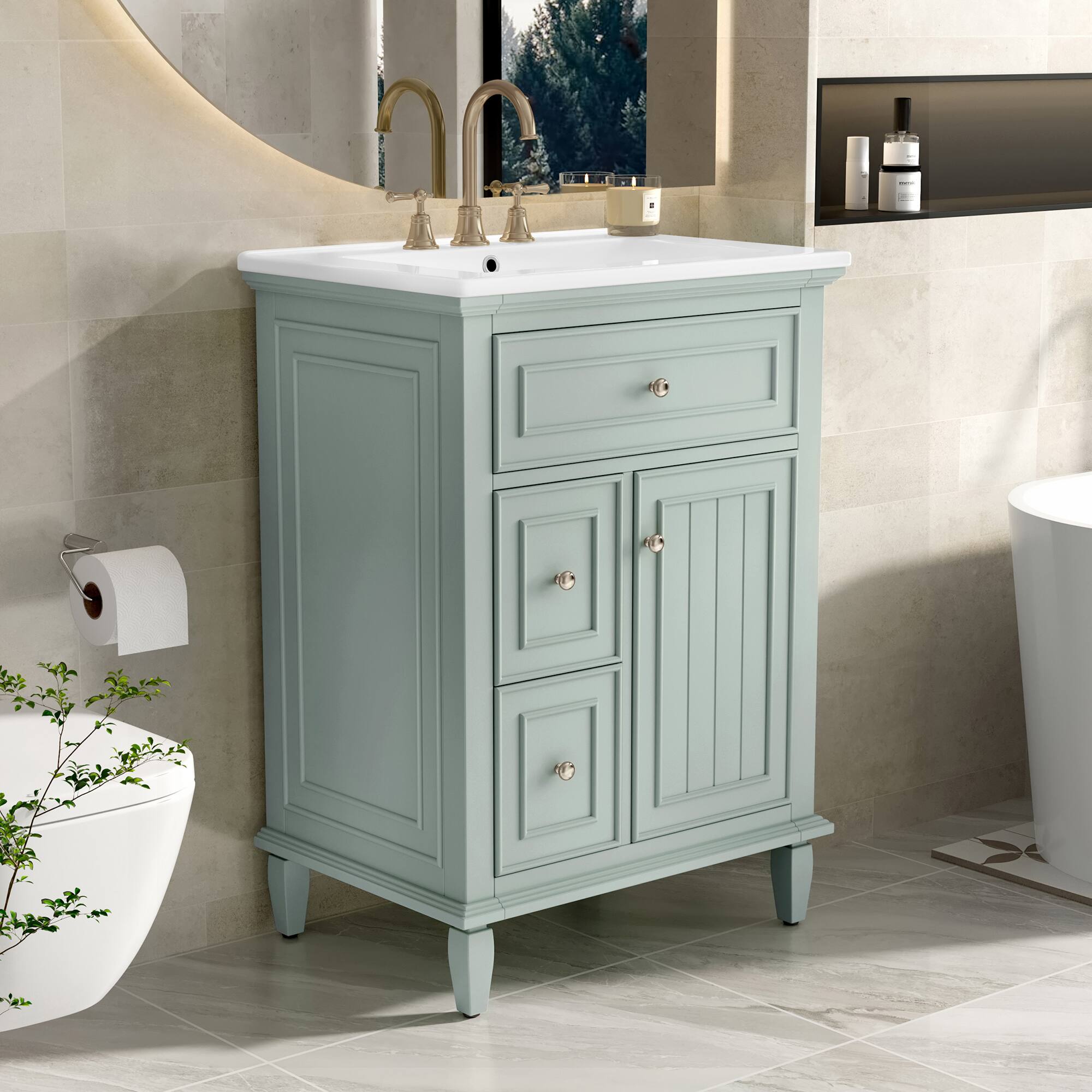 Front. Whisen - 24" Bathroom Vanity with Sink, Freestanding Cabinet with Adjustable Shelf, Flip Drawer & 2 Drawers - Green.