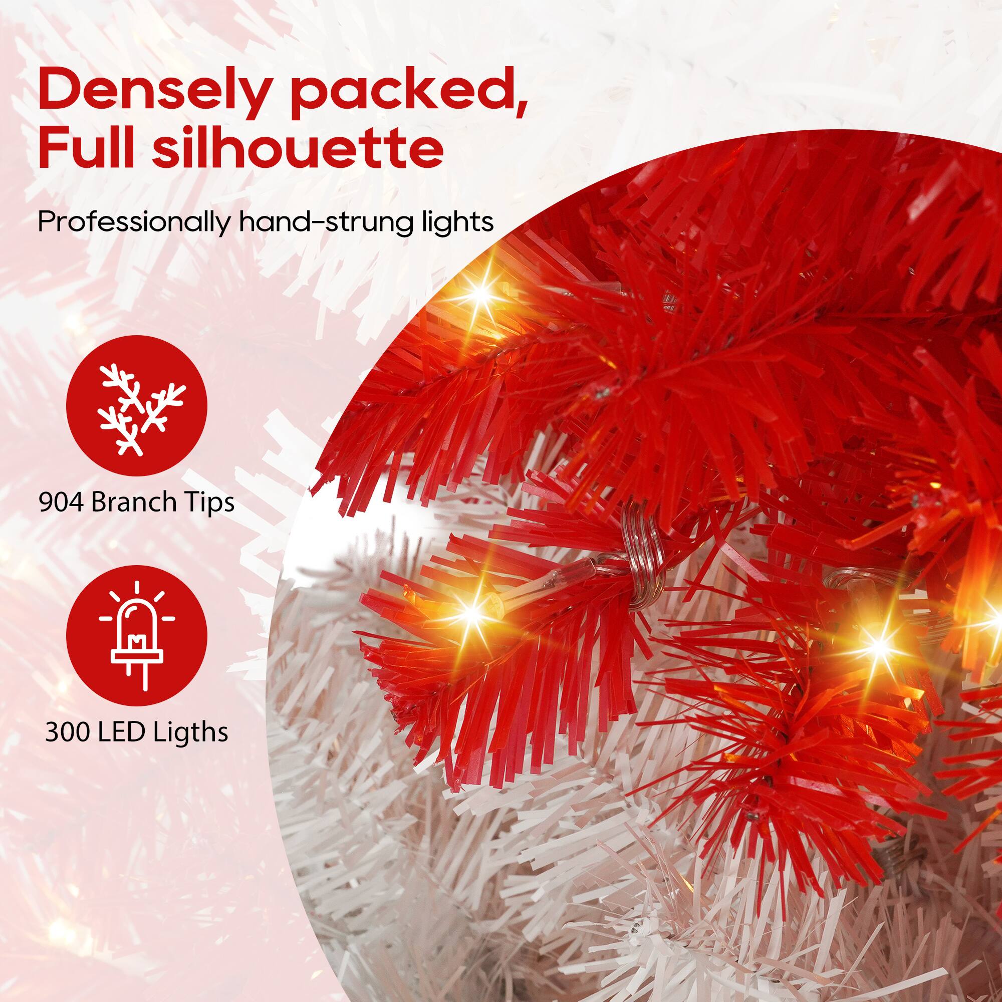 Densely packed, Full silhouette

Professionally hand-strung lights

904 Branch Tips

300 LED Lights