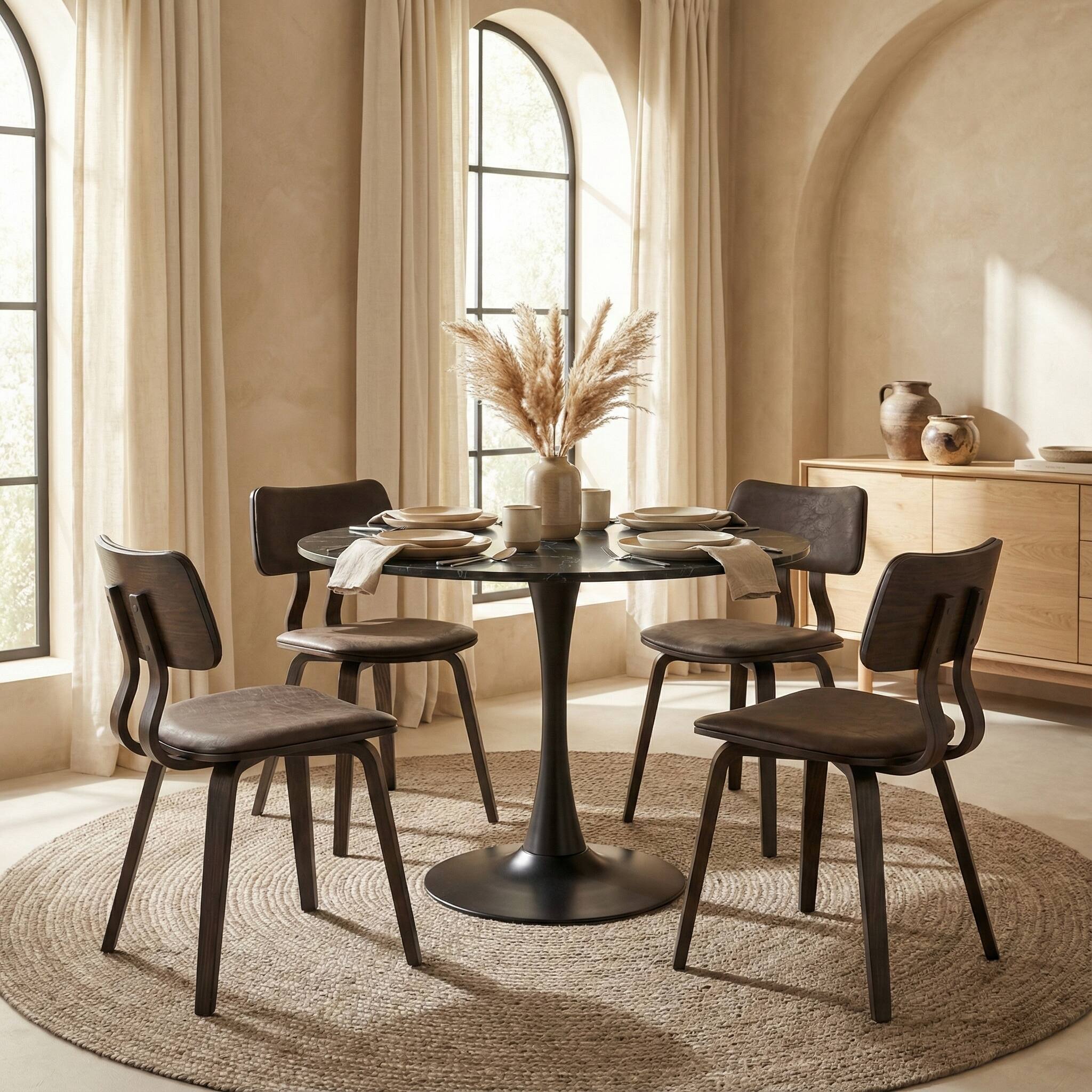 Left. LeisureMod - Bristol 40" Minimalist Round Pedestal Dining Table - Space-Saving Kitchen Table with Powder-Coated Steel Base - MDF - Marbled Black.