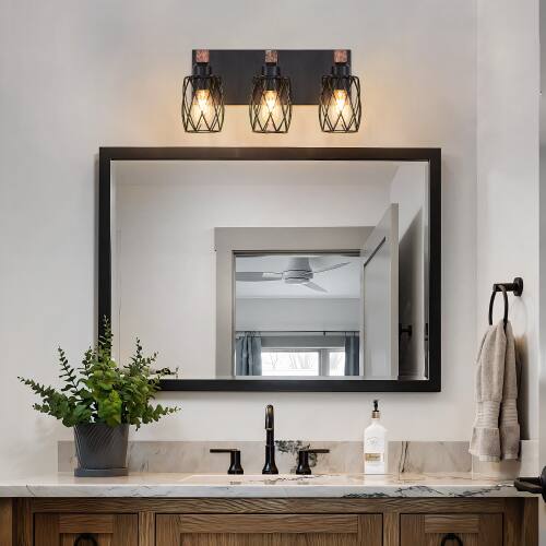 Angle. LUCKY ONE - 18in Wall Mount Sconce, 3-Light Industrial Black Cage Light with Wood Accents for Bathroom - Walnut.