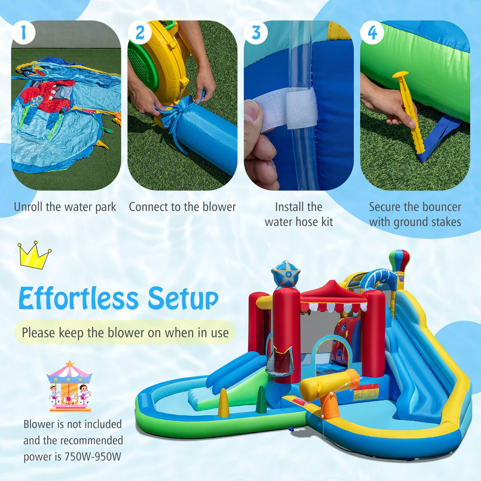 1. Unroll the water park
2. Connect to the blower
3. Install the water hose kit
4. Secure the bouncer with ground stakes

Effortless Setup

Please keep the blower on when in use

Blower is not included and the recommended power is 750W-950W
