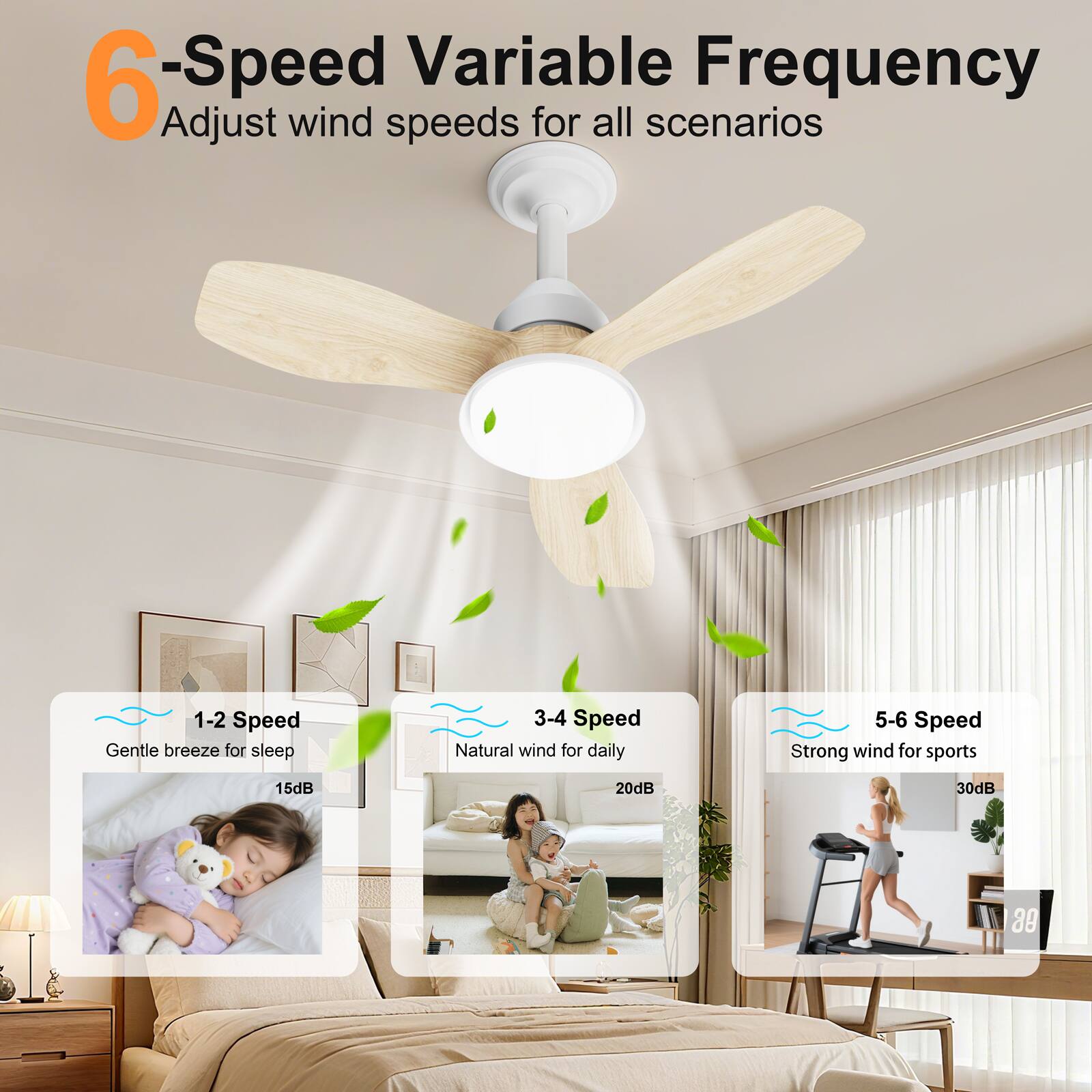 6-Speed Variable Frequency  
Adjust wind speeds for all scenarios

1-2 Speed  
Gentle breeze for sleep  
15dB

3-4 Speed  
Natural wind for daily  
20dB

5-6 Speed  
Strong wind for sports  
30dB