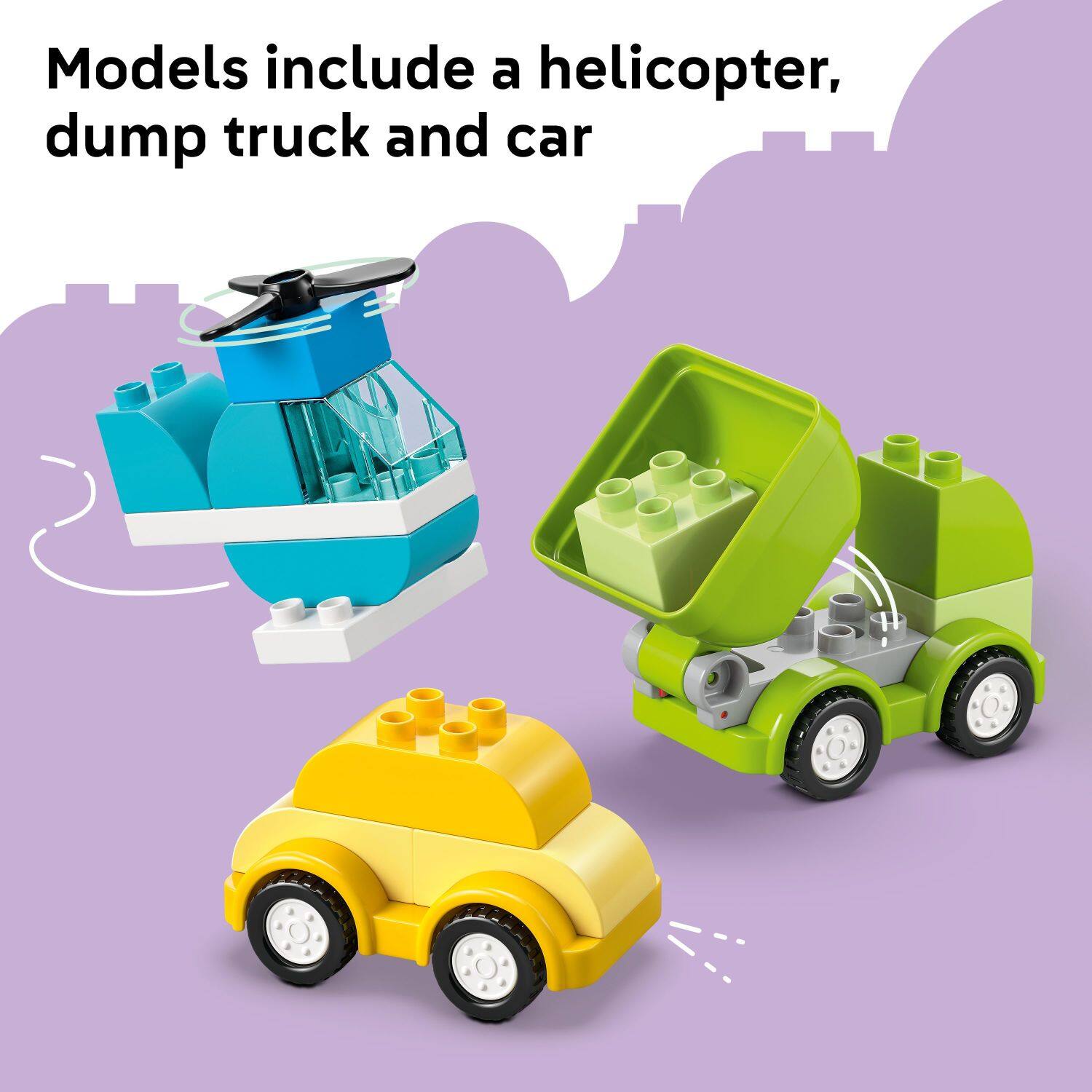 Models include a helicopter, dump truck and car