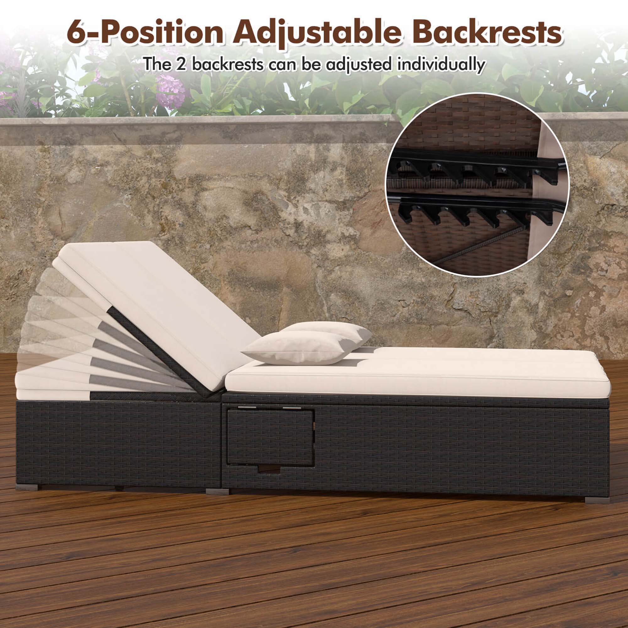 6-Position Adjustable Backrests: The 2 backrests can be adjusted individually.