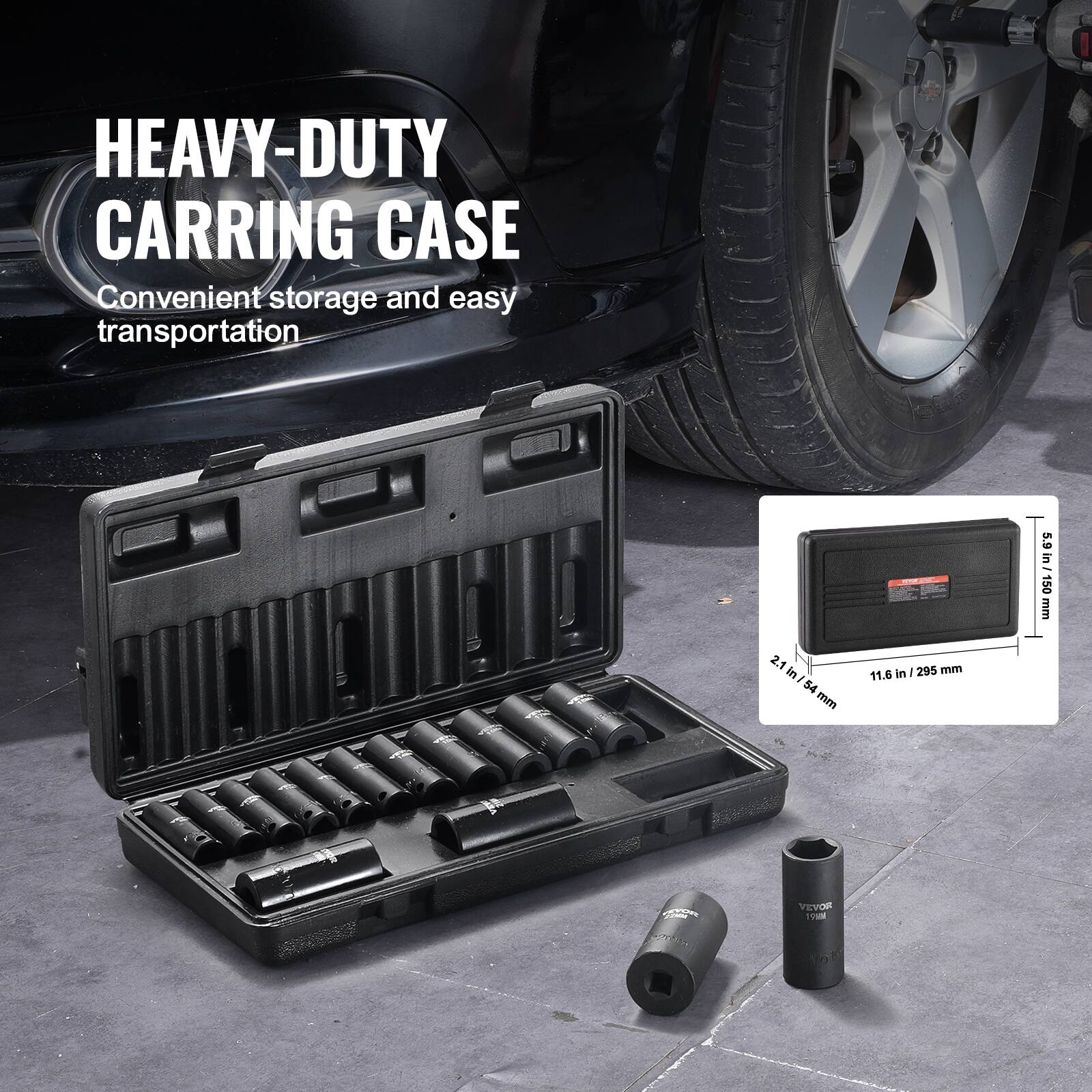 HEAVY-DUTY CARRING CASE Convenient storage and easy transportation 2.1 in 54 mm 11.6 in 295 mm 5.9 in - 150 mm