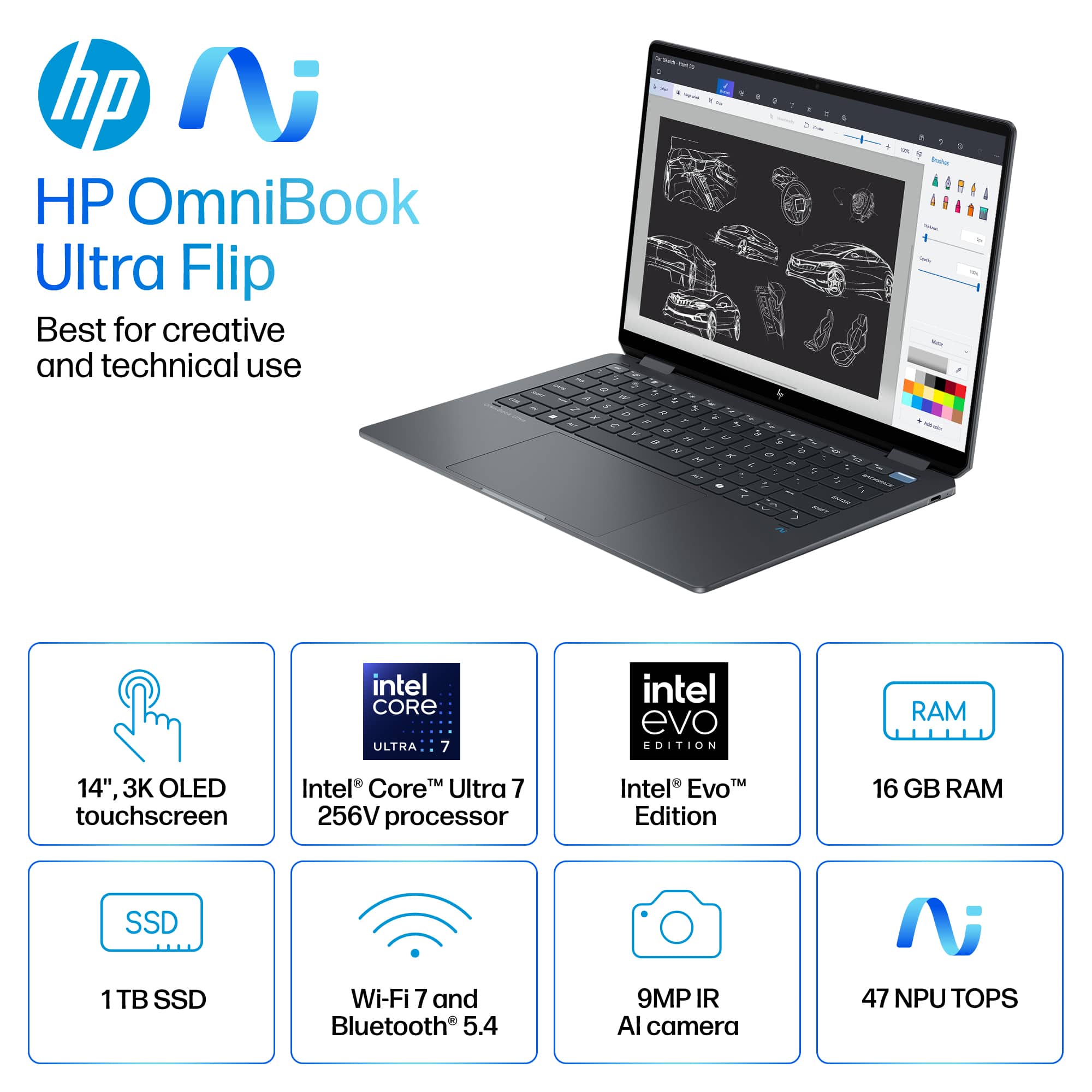hp omni book ultra flip best for creative and technical use intel core ultra 7 intel evo edition 16 GB RAM 14" 3K OLED touchscreen intel core m ultra 7 256V processor intel evo edition 16 GB RAM SSD 1 SSD Wi-Fi 7 and Bluetooth 5.4 9MP IR Al camera 47 NPU TOPS