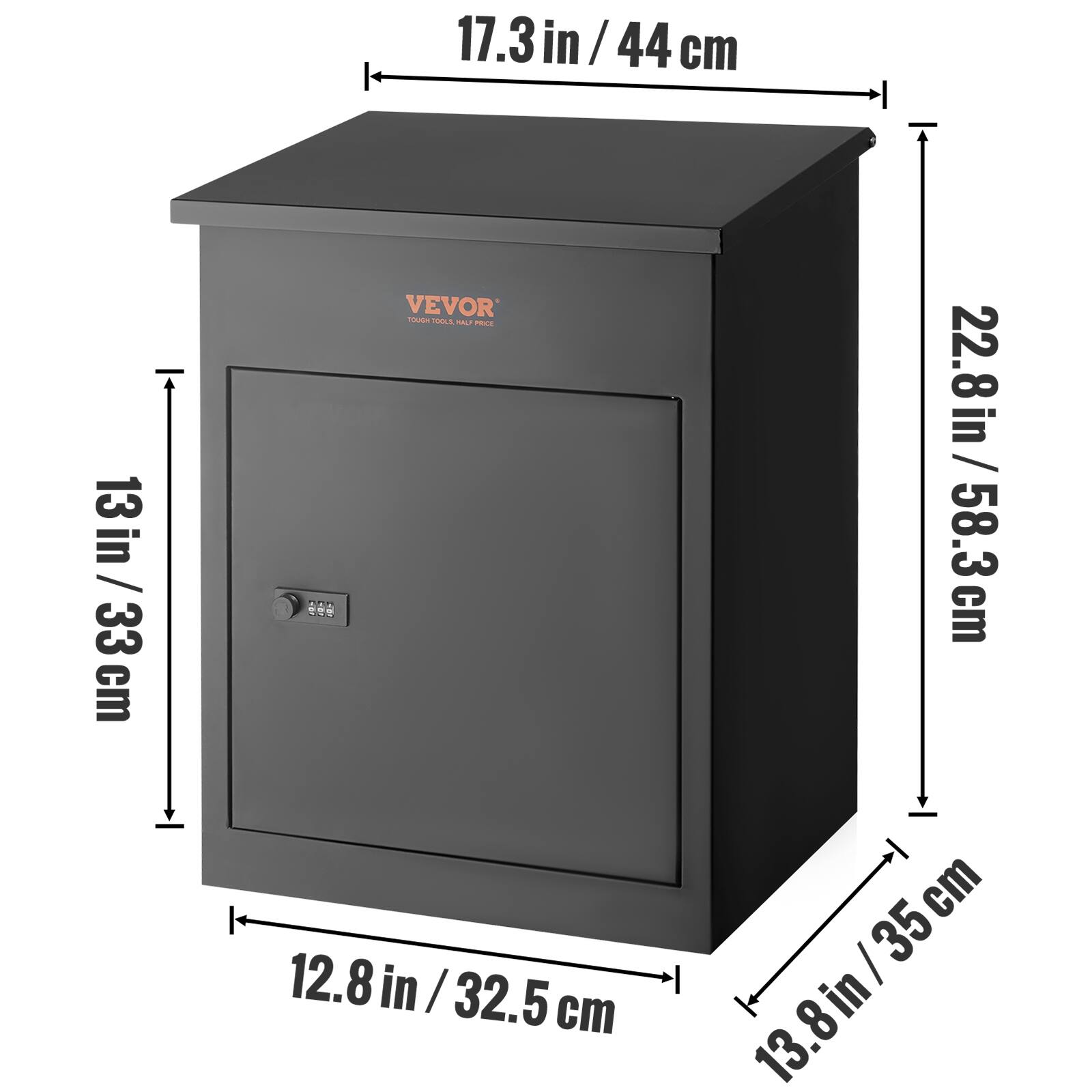 The dimensions of the VEVOR FOLA are:

- Height: 17.3 in / 44 cm
- Width: 13 in / 33 cm
- Depth: 12.8 in / 32.5 cm
- Overall Depth: 13.8 in / 35 cm